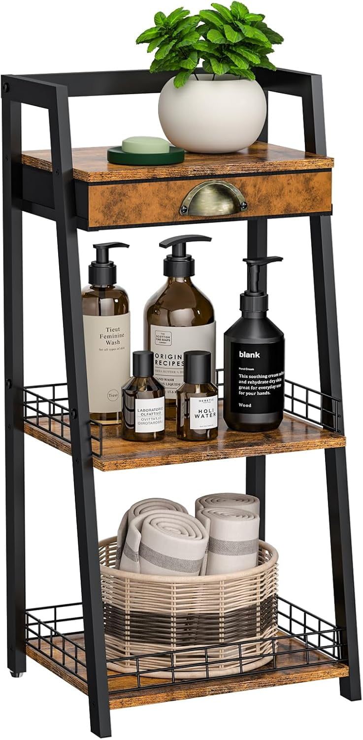 Rustic Brown 3-Tier Freestanding Ladder Shelf with Drawer