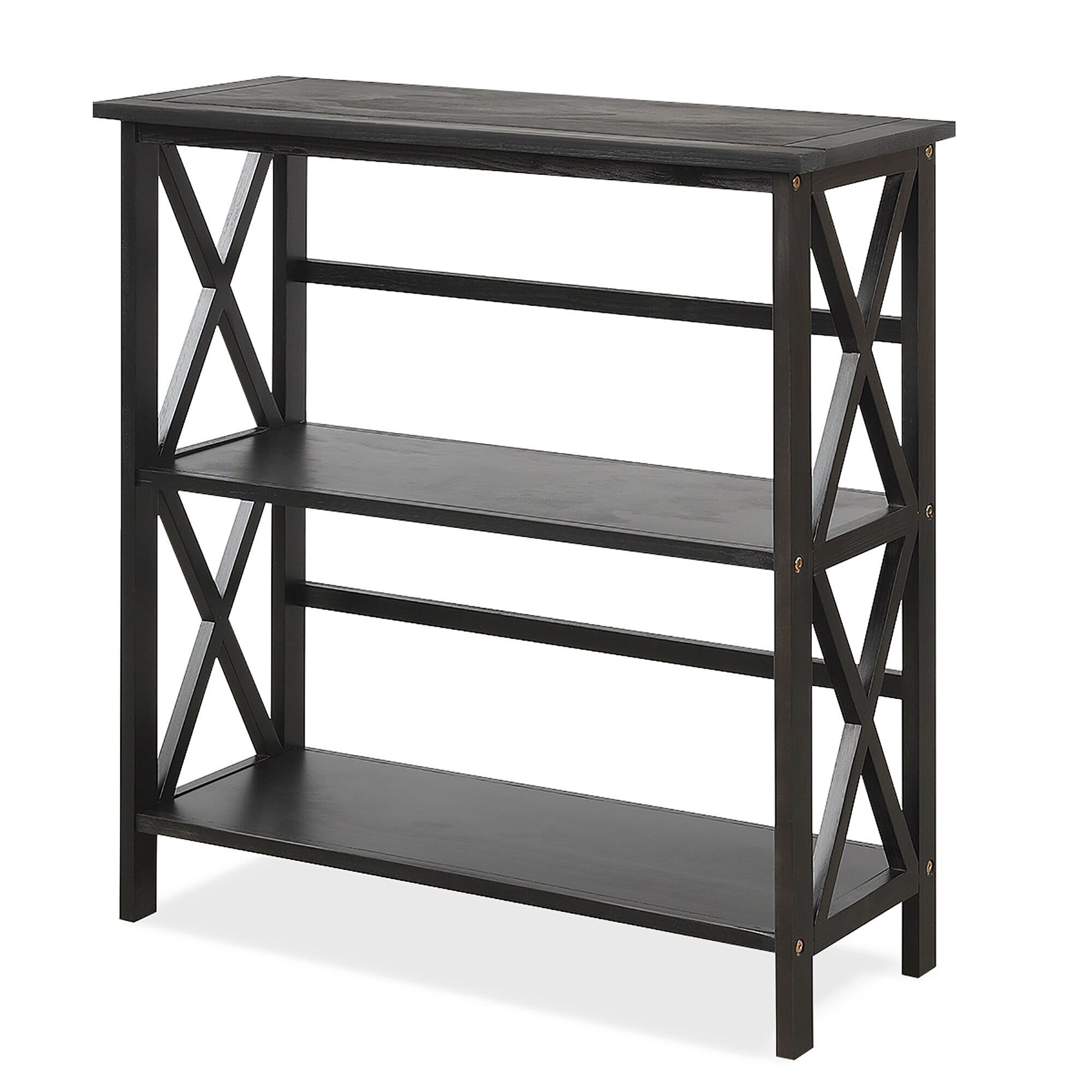 Modern Black Solid Wood 3-Shelf Bookcase with X-Design Doors
