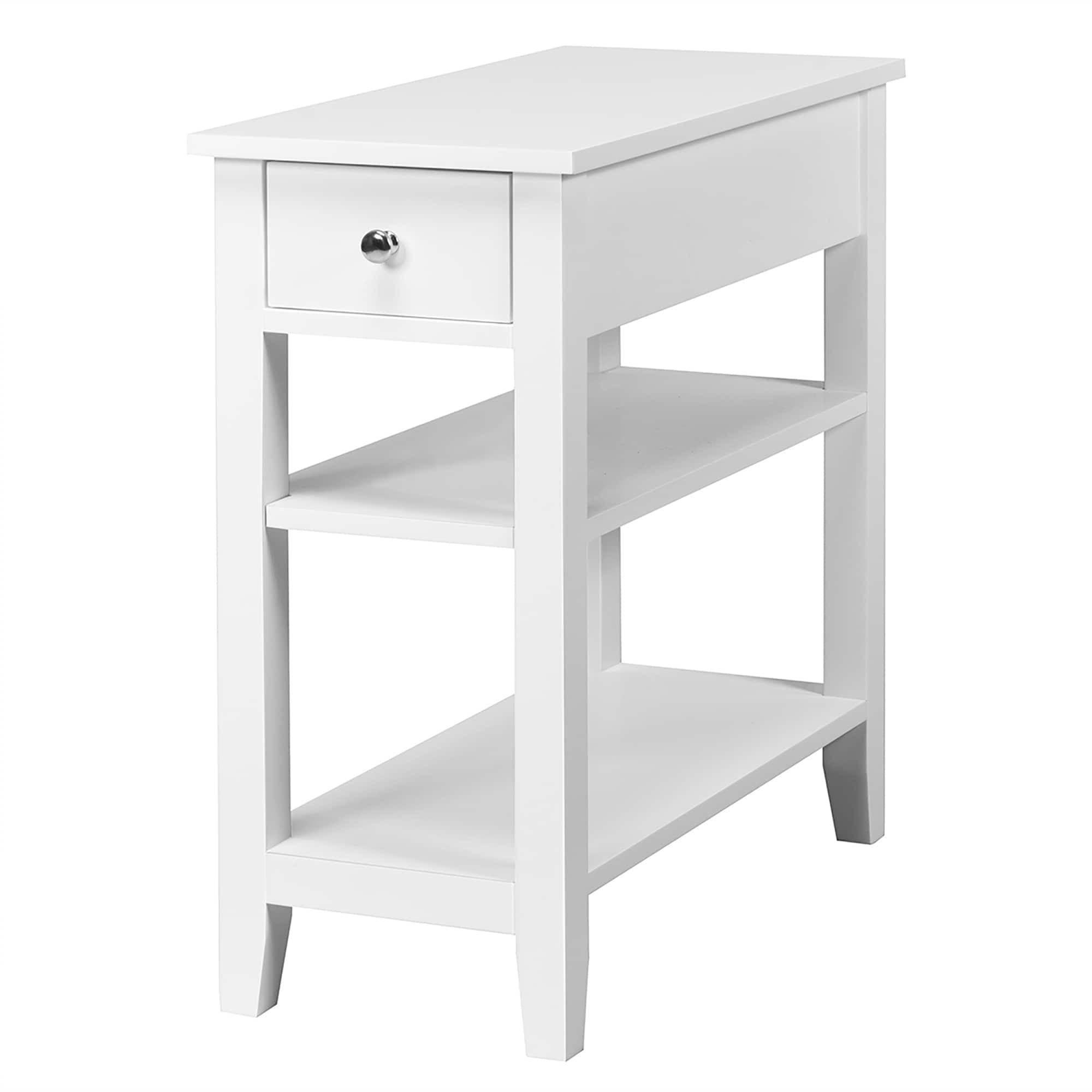 White MDF Rectangular End Table with Drawer and Shelves