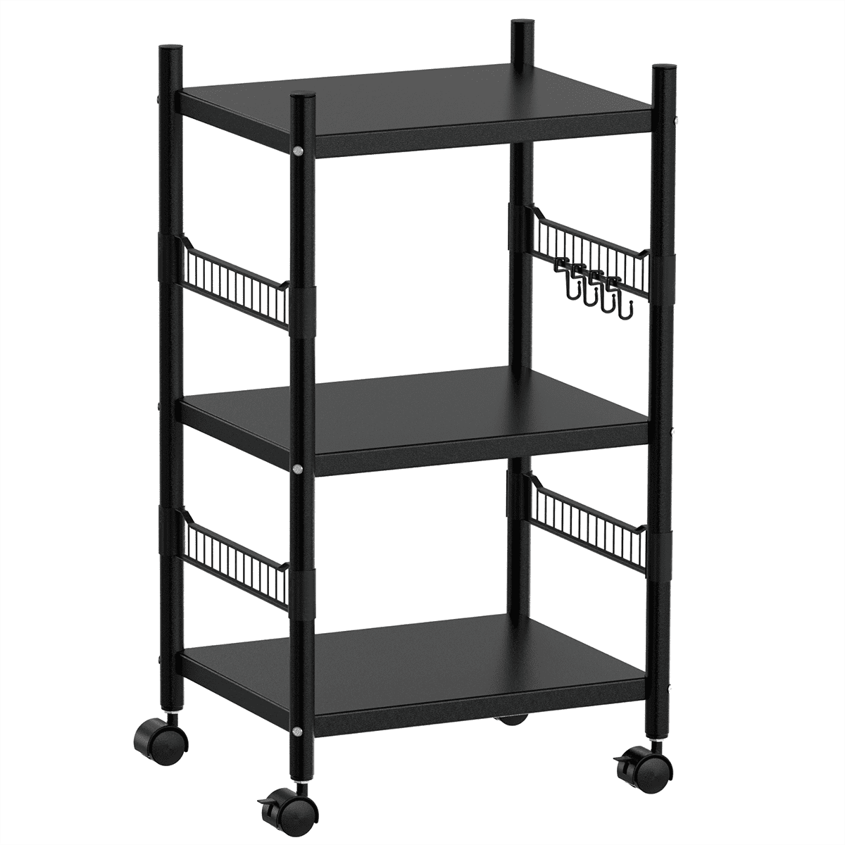 Black 3-Tier Rolling Kitchen Cart with Storage and Hooks