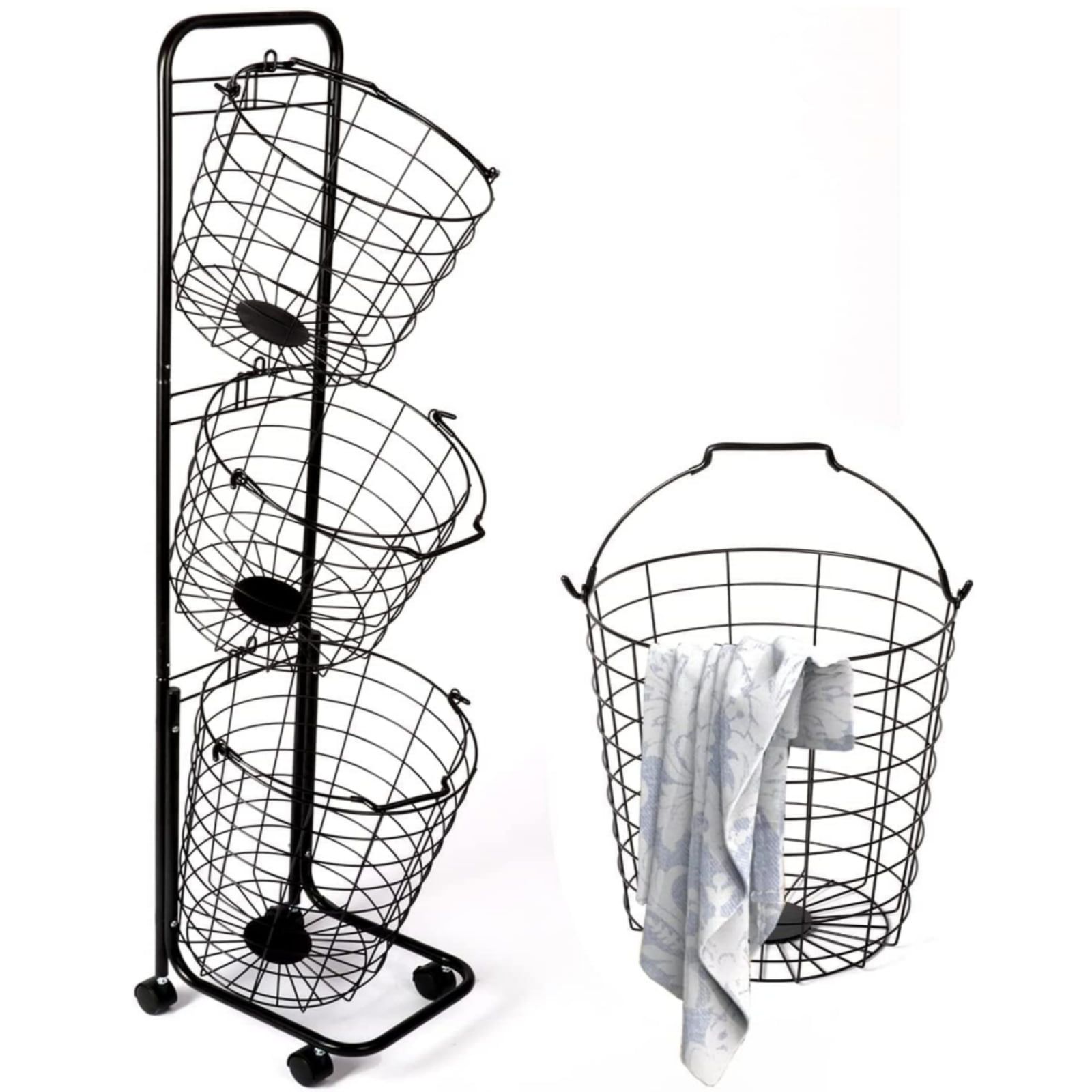 Black 3-Tier Metal Rolling Laundry Basket with Removable Hampers