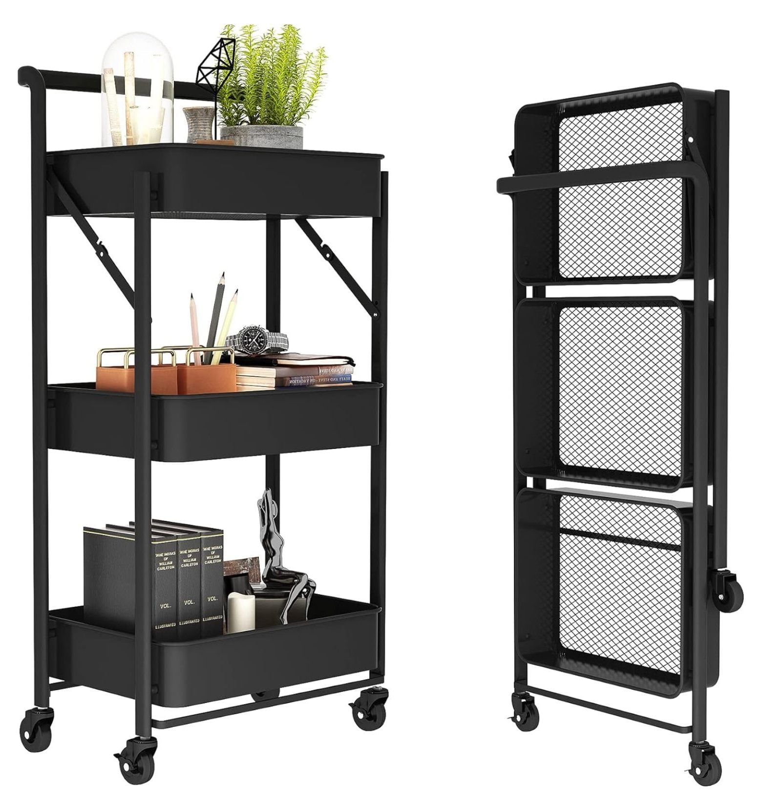 Black 3-Tier Foldable Metal Utility Cart with Locking Wheels