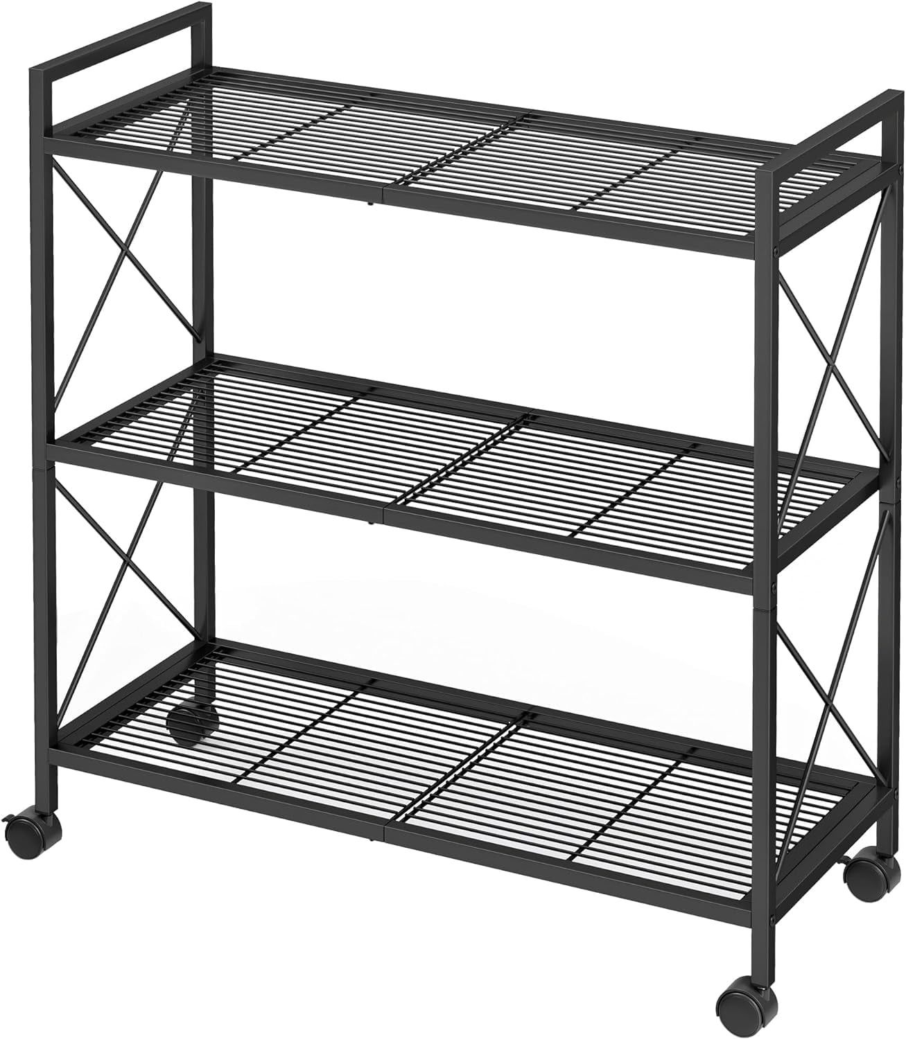 Adjustable Black Steel 3-Tier Storage Rack with Mesh Shelves