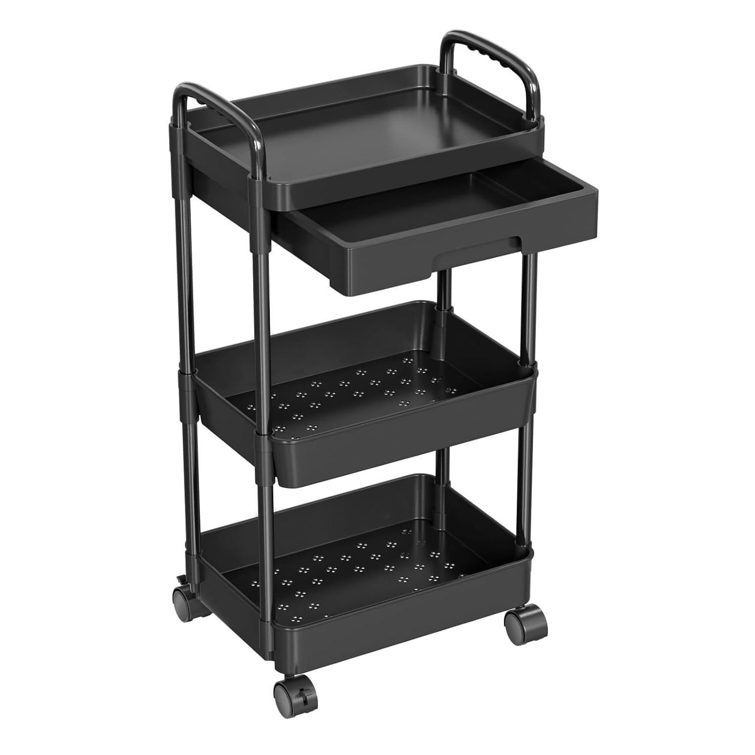 Black 3-Tier Metal Utility Rolling Cart with Lockable Wheels