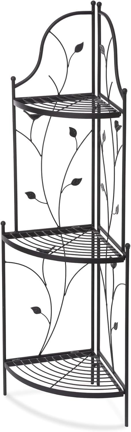 Matte Black 3-Tier Metal Corner Plant Stand with Vines