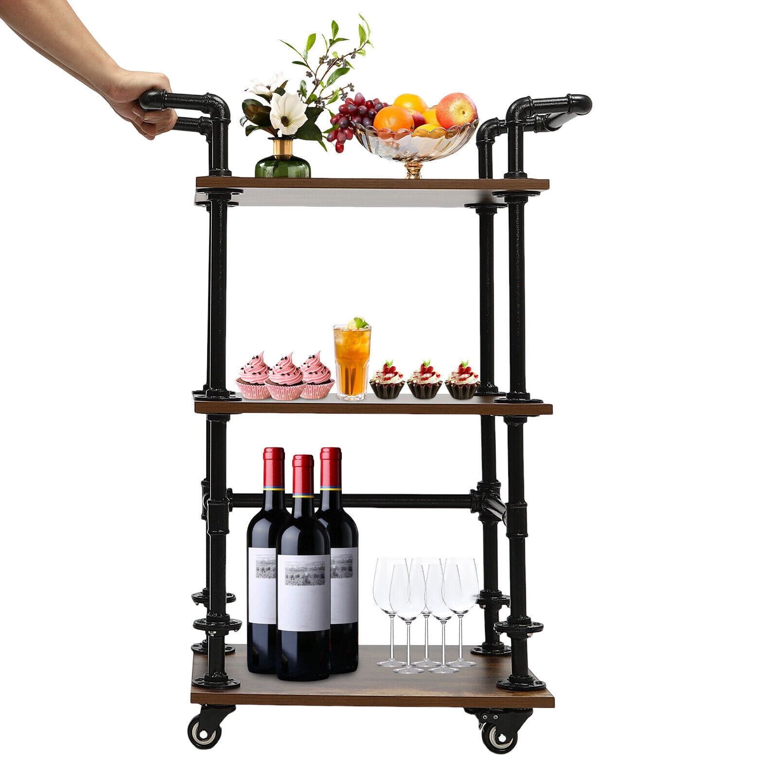 Black Industrial 3-Tier Rolling Bar Cart with Wine Rack