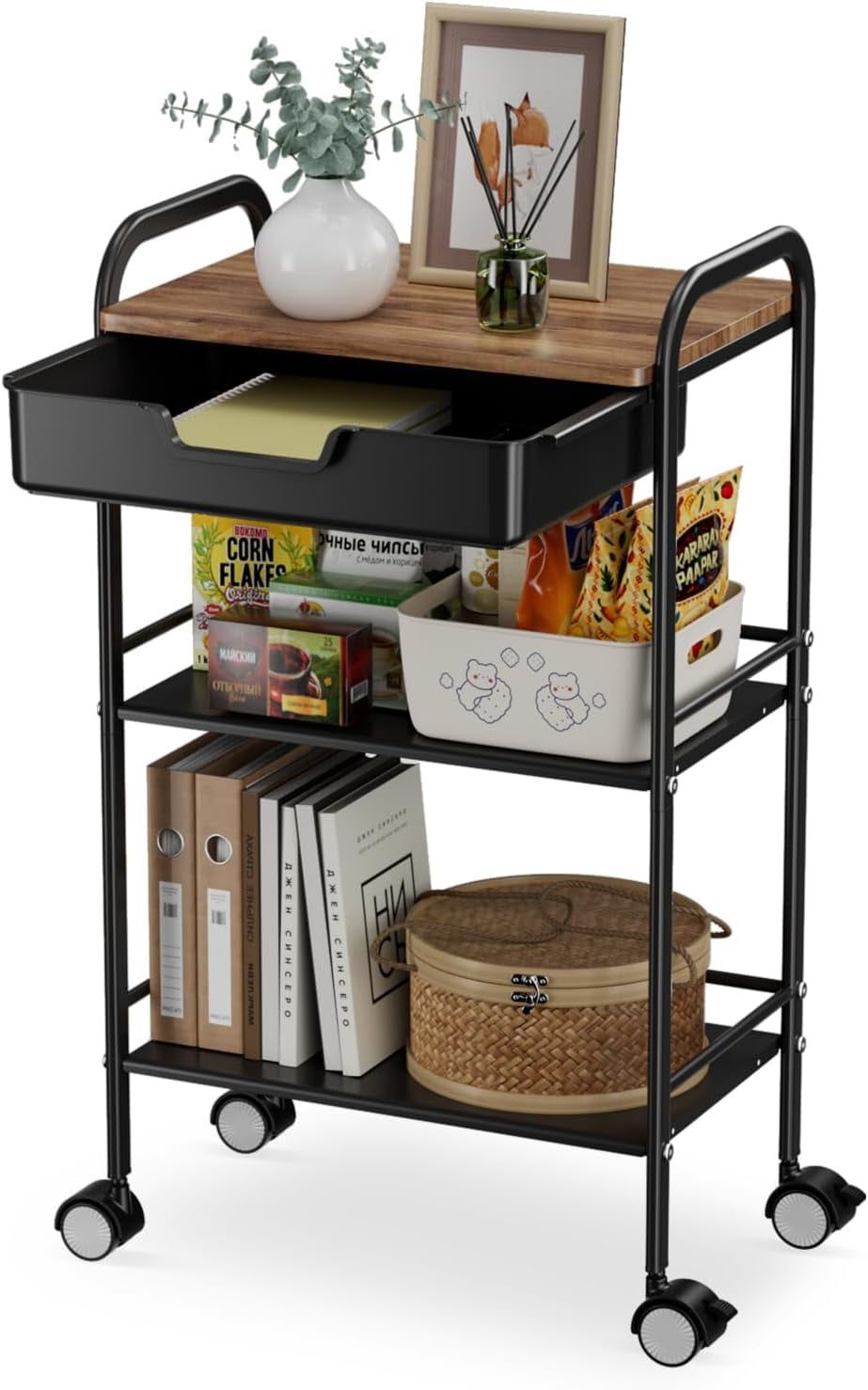 Black Metal 3-Tier Rolling Utility Cart with Wood Tabletop