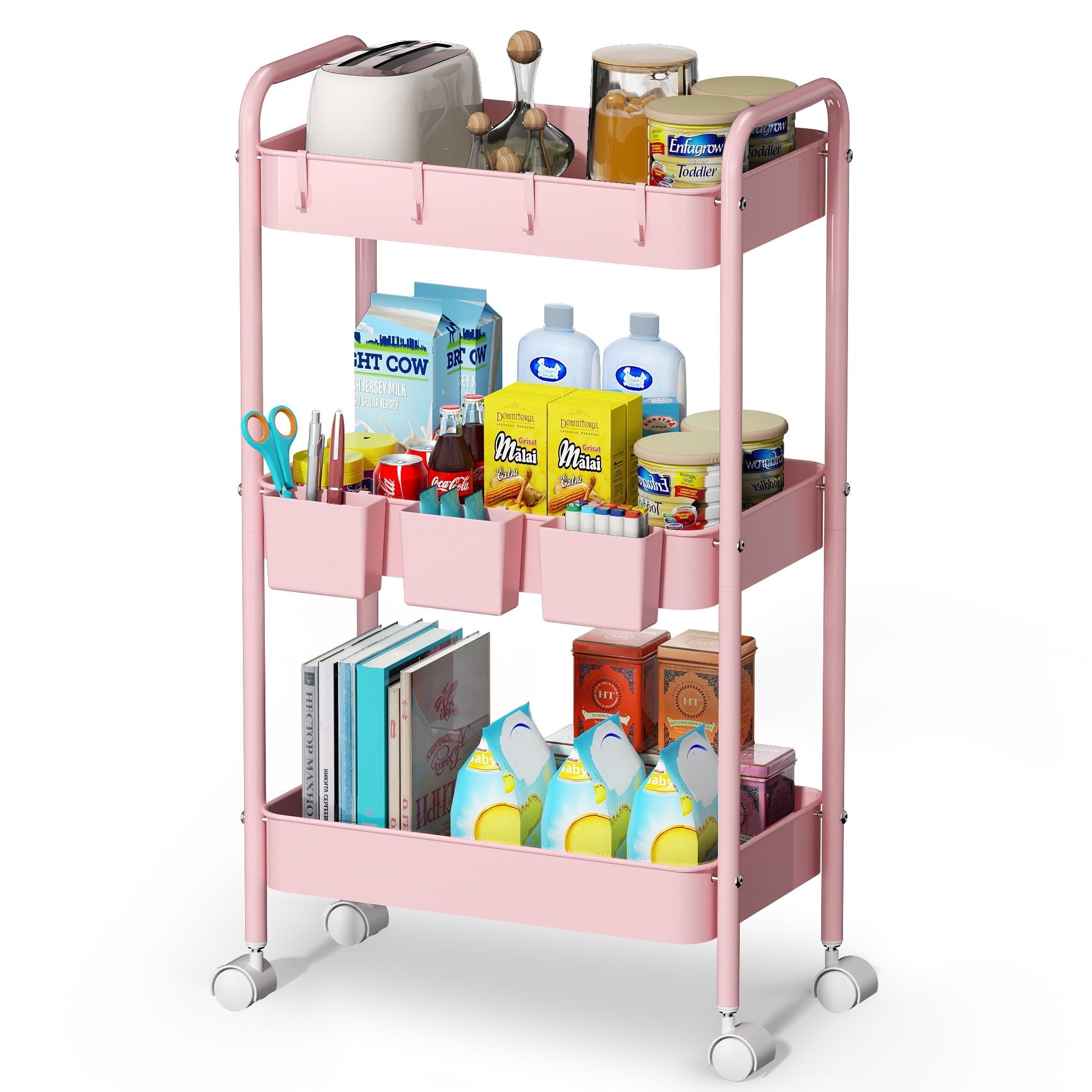 Pink 3-Tier Metal Mesh Rolling Utility Cart with Lockable Wheels