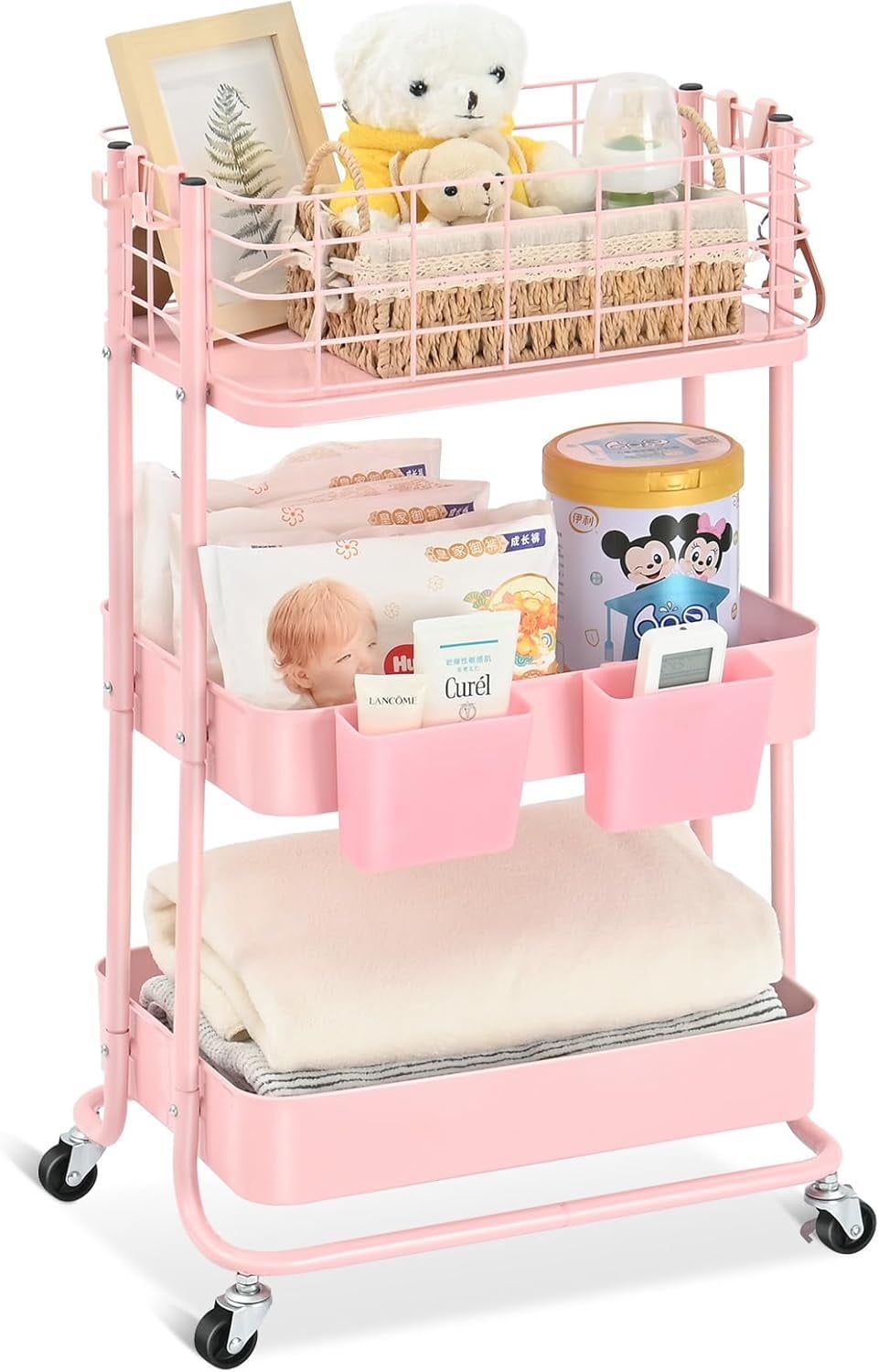 Pink 3-Tier Metal and Plastic Rolling Storage Cart with Tabletop