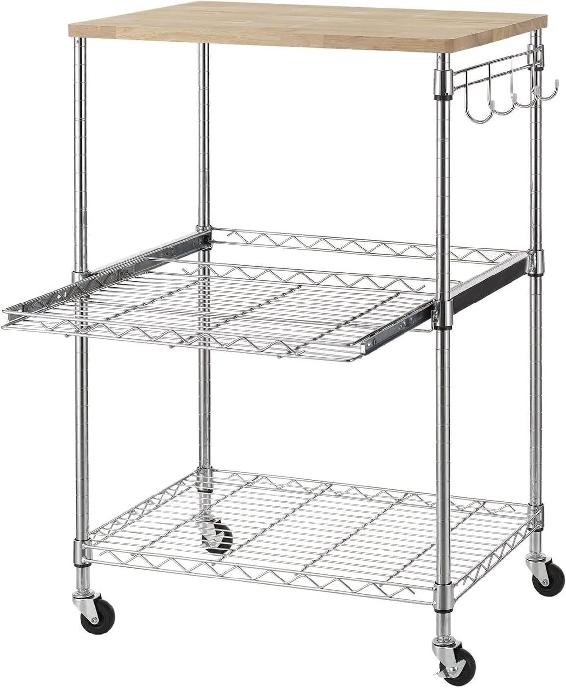 3-Tier Chrome and Oak Wood Rolling Kitchen Cart with Storage