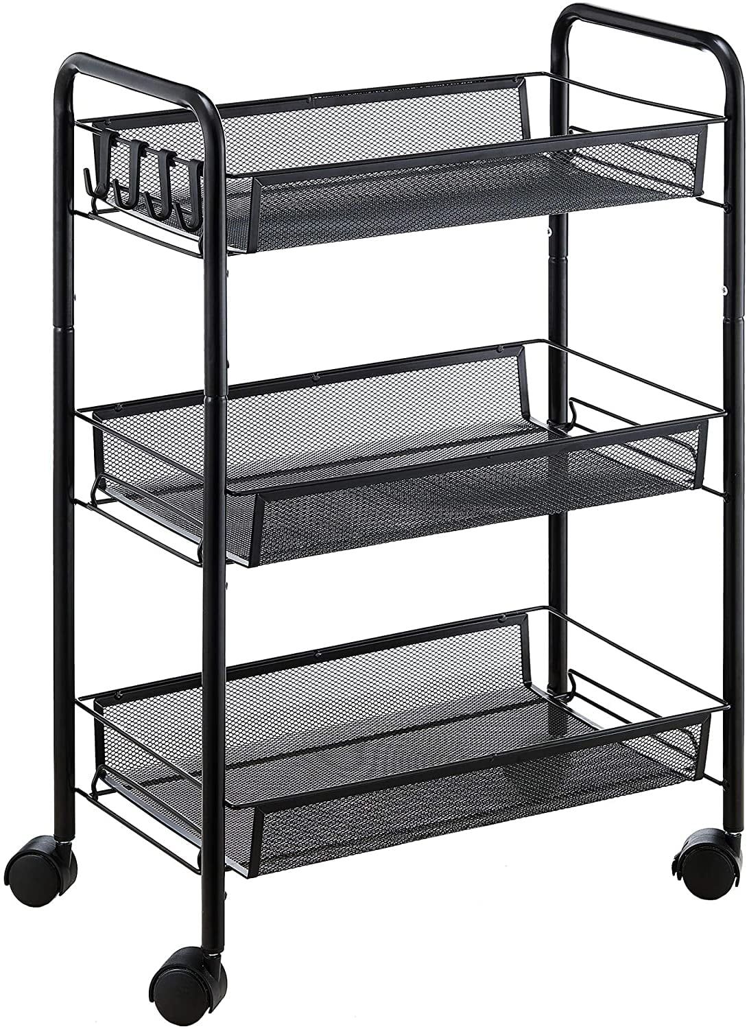 Black Metal 3-Tier Rolling Utility Storage Cart