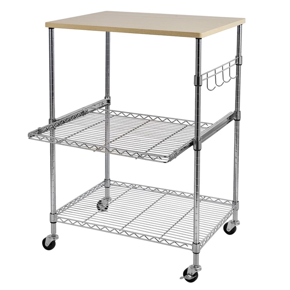 Silver 3-Tier Rolling Kitchen Cart with Oak Top