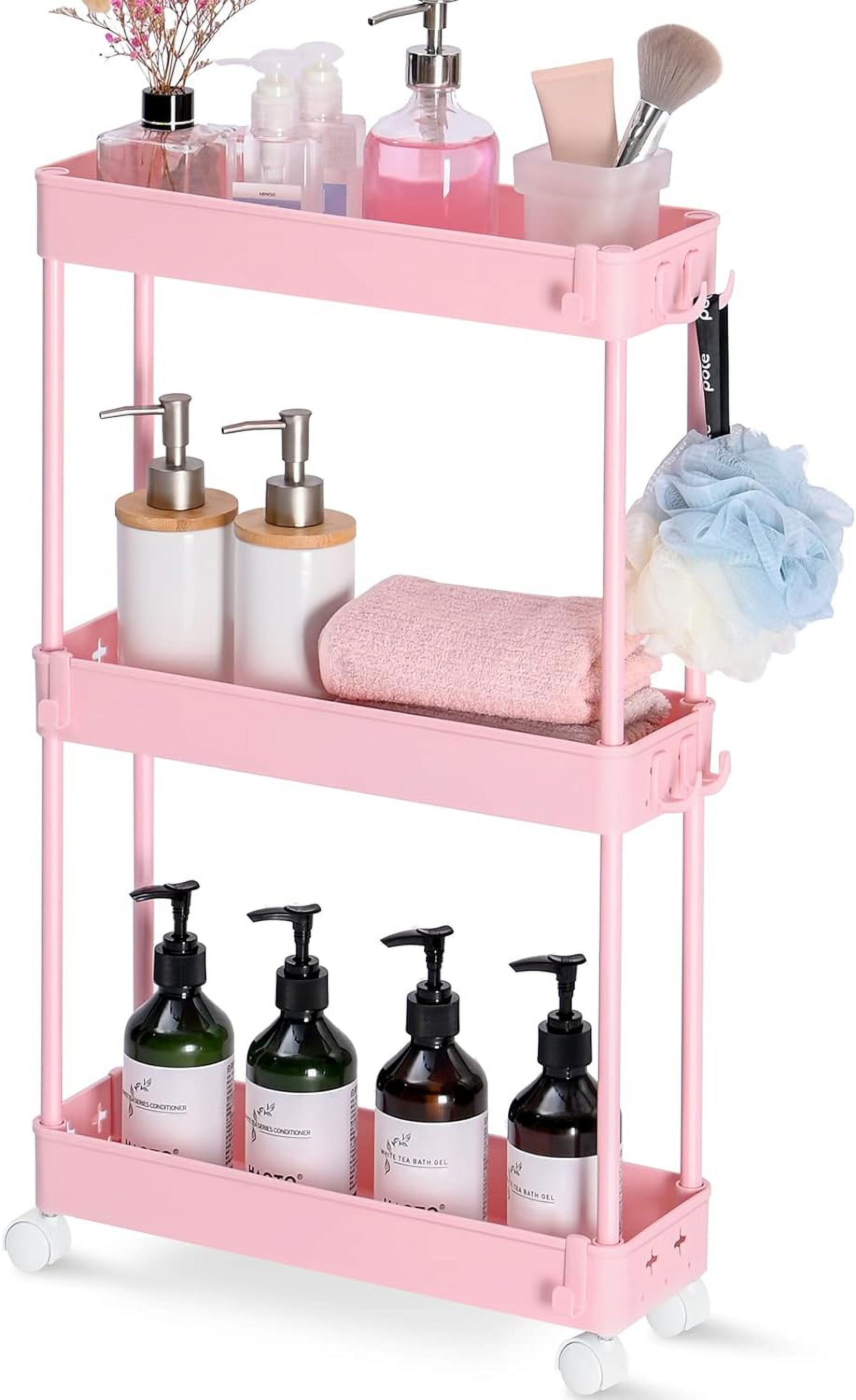 Pink 3-Tier Slim Rolling Storage Cart with Alloy Steel Frame