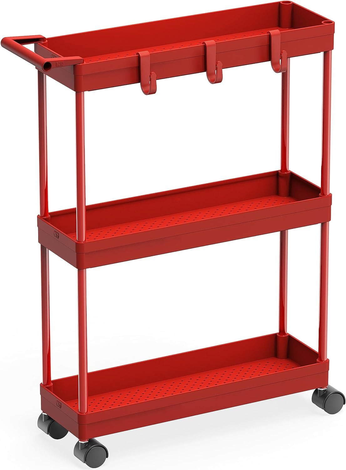 Red Slim 3-Tier Plastic Kitchen Cart with Handle and Hooks