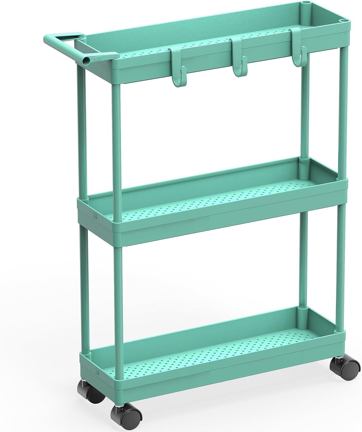 Turquoise 3-Tier Slim Kitchen Cart with Handle and Hooks