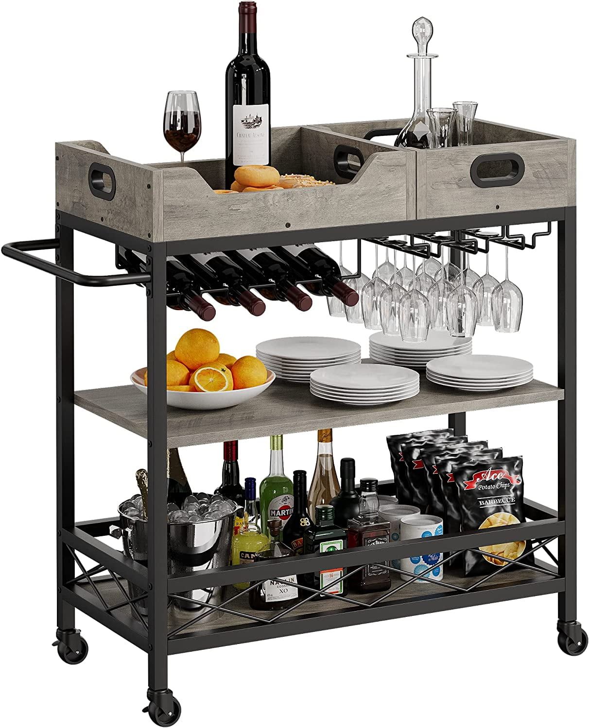 Grey MDF and Metal 3-Tier Bar Cart with Wine Rack