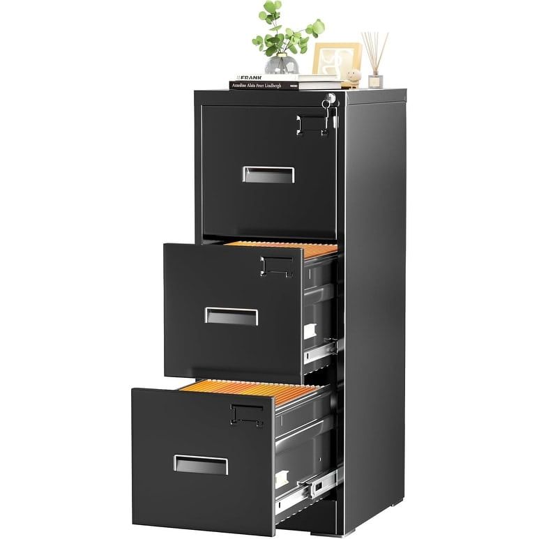 Black Metal 3-Drawer Lockable File Cabinet with Adjustable Hanger