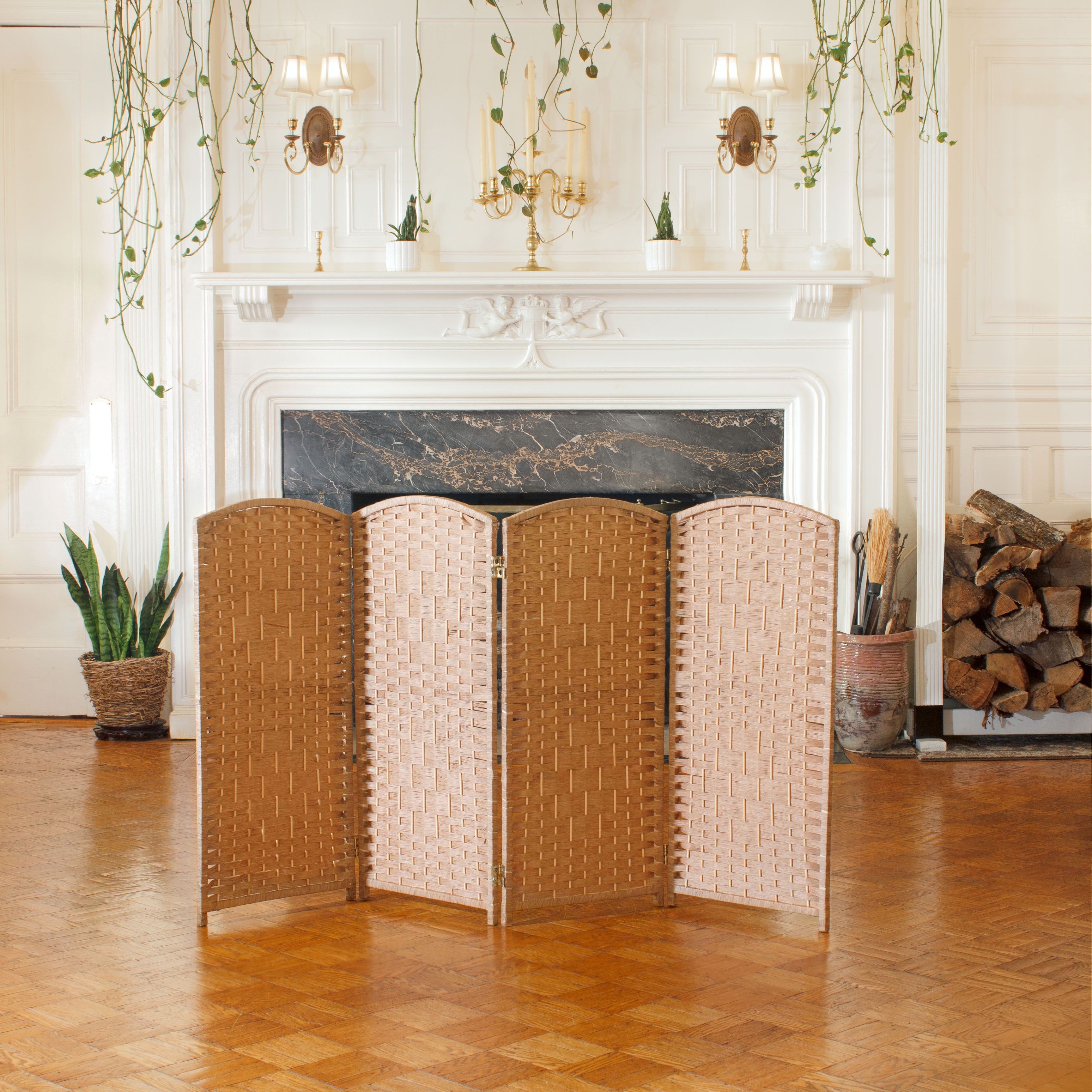 3 Ft Natural Woven Plant Fiber Folding Screen with 4 Panels