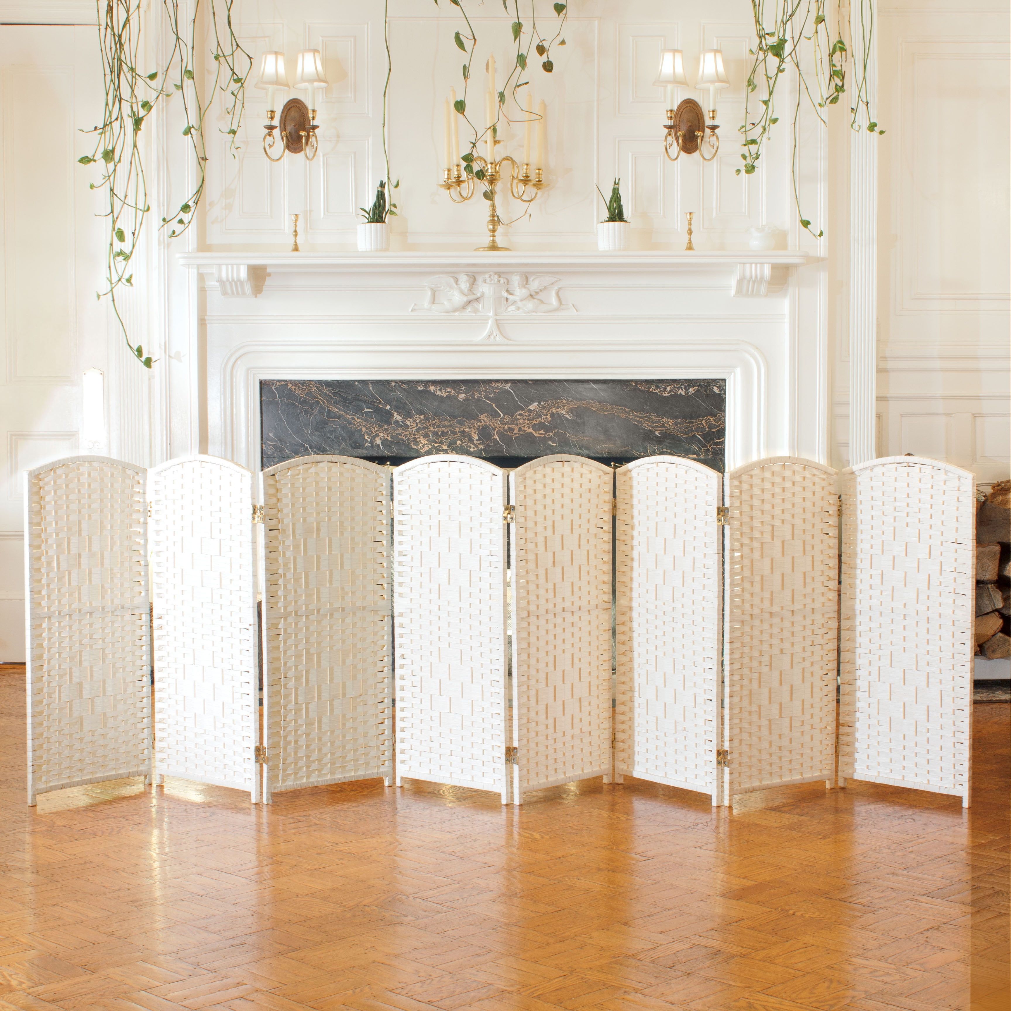 3 ft Tall White Diamond Weave Fiber Folding Screen - 8 Panel