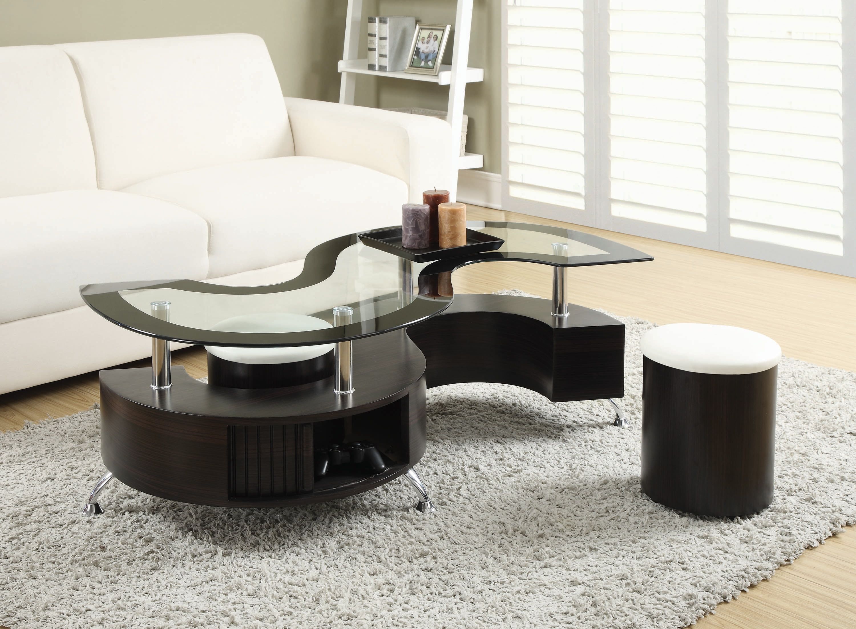 Cappuccino Glass Top S-Shaped Coffee Table with Stools