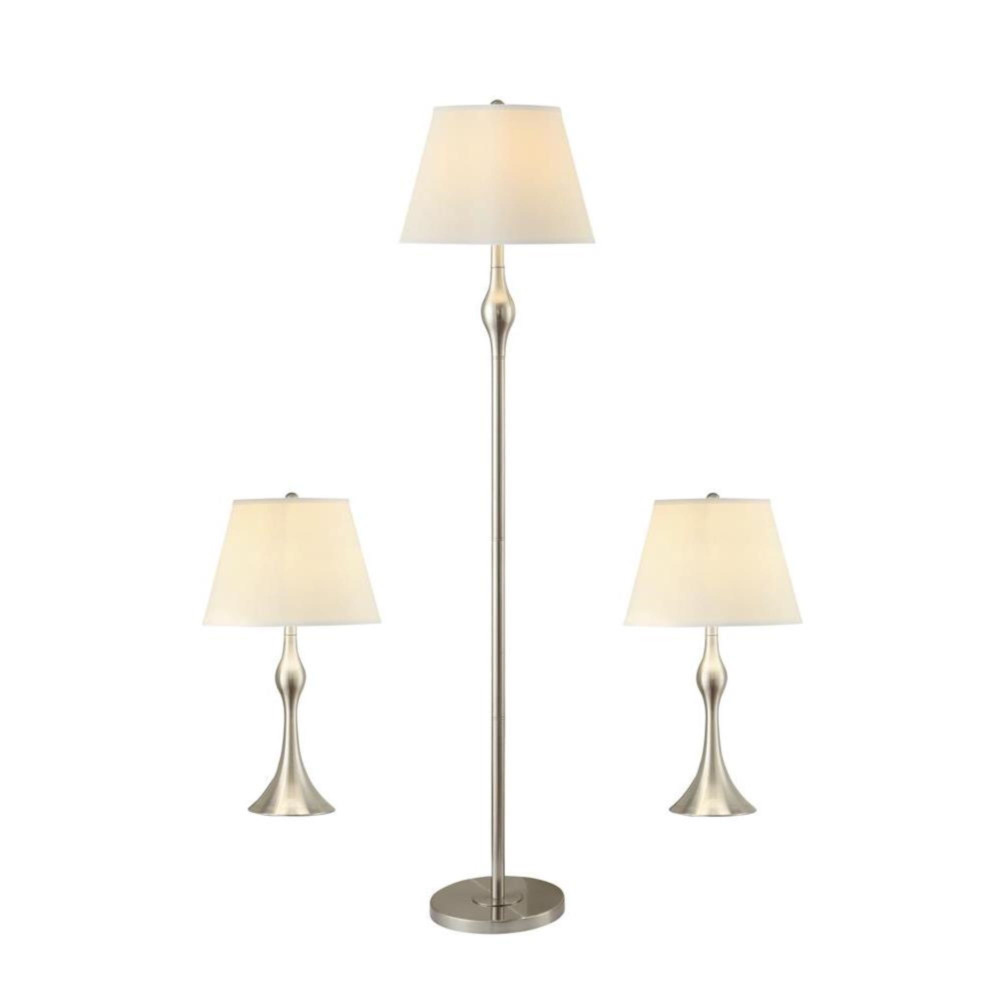 Contemporary Silver 3-Piece Lamp Set with Faux Silk Shades