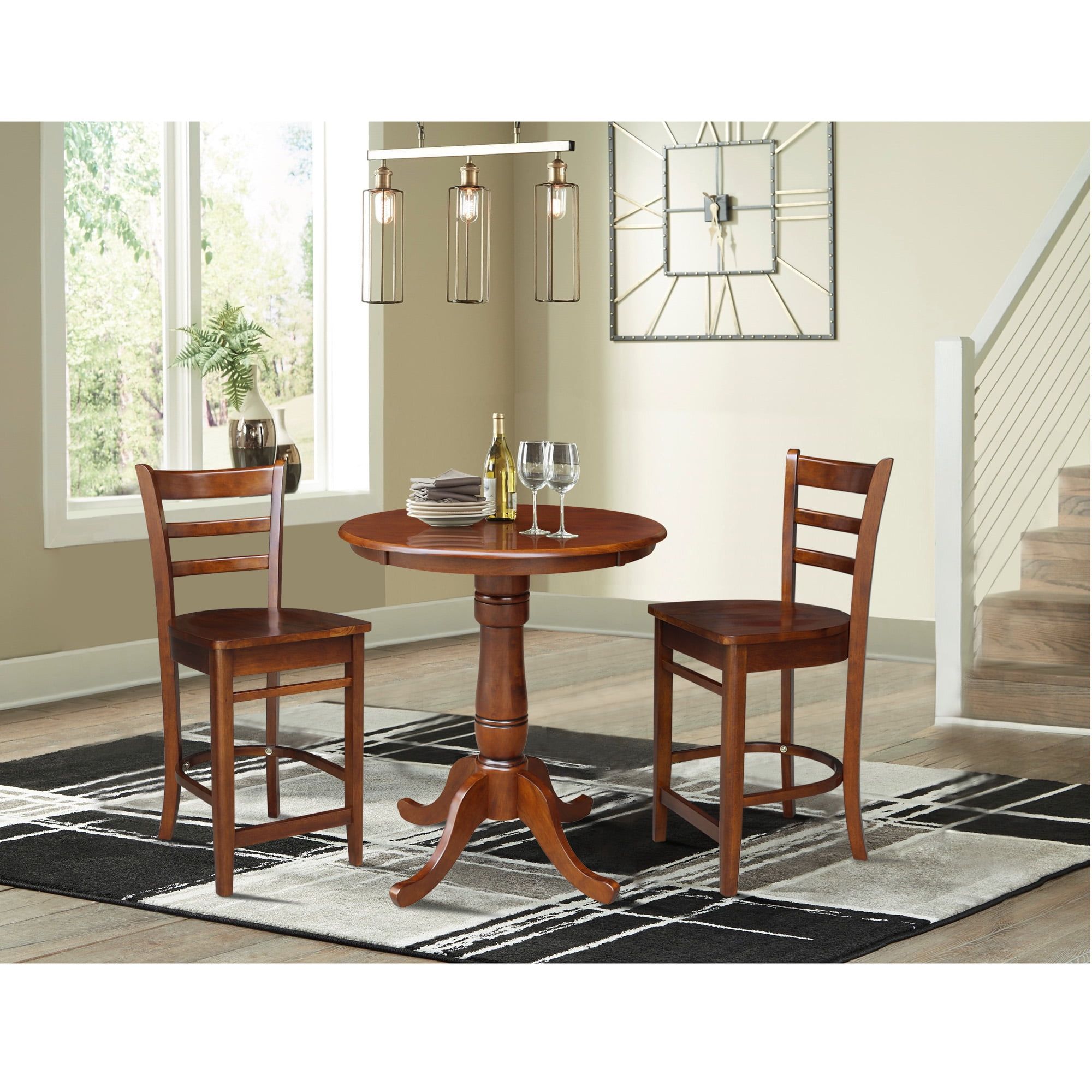 Espresso Solid Wood 3-Piece Counter Height Dining Set with Round Table & Ladder Back Chairs