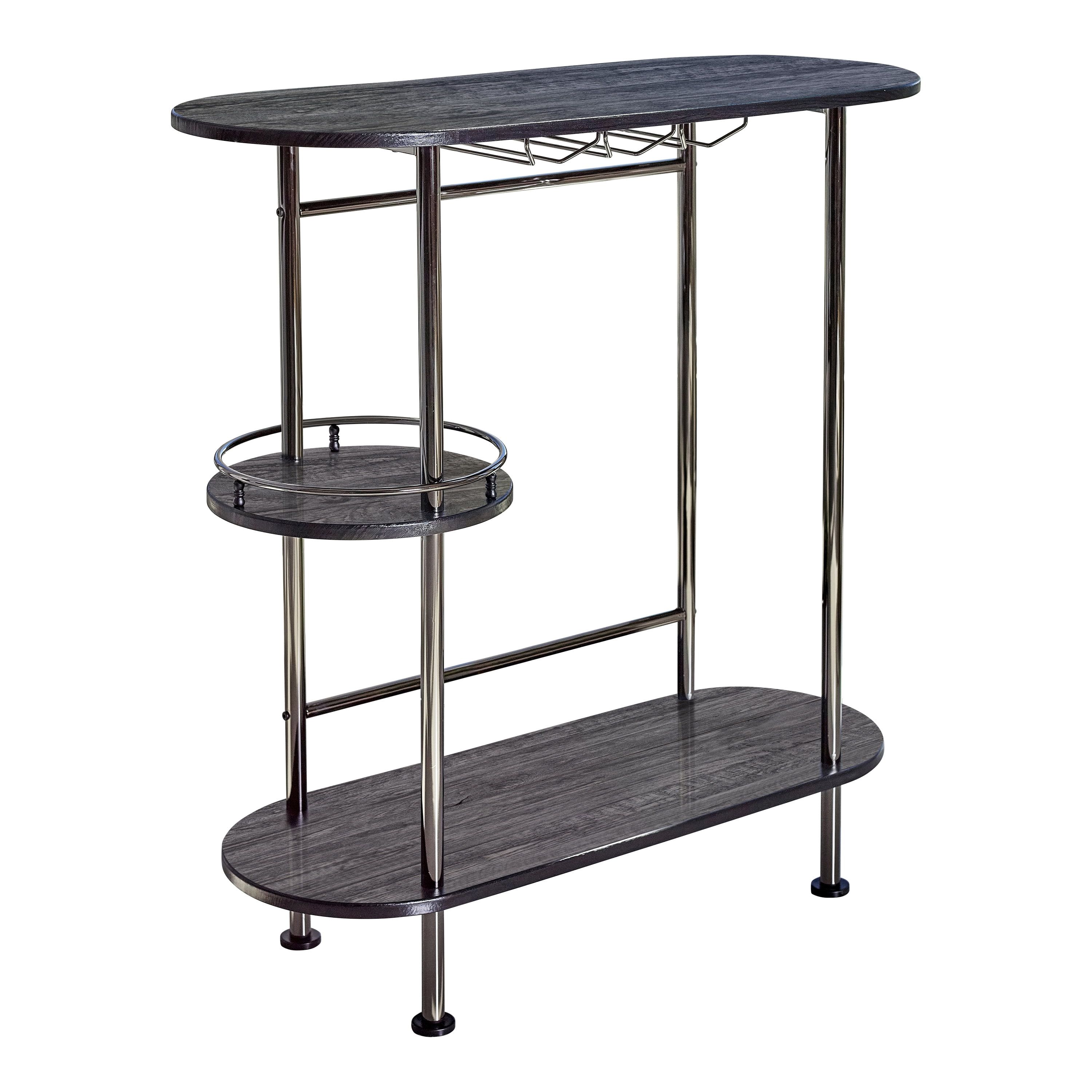 Elegant Contemporary 3-Tier Black Oak Bar Unit with Black Nickel Frame