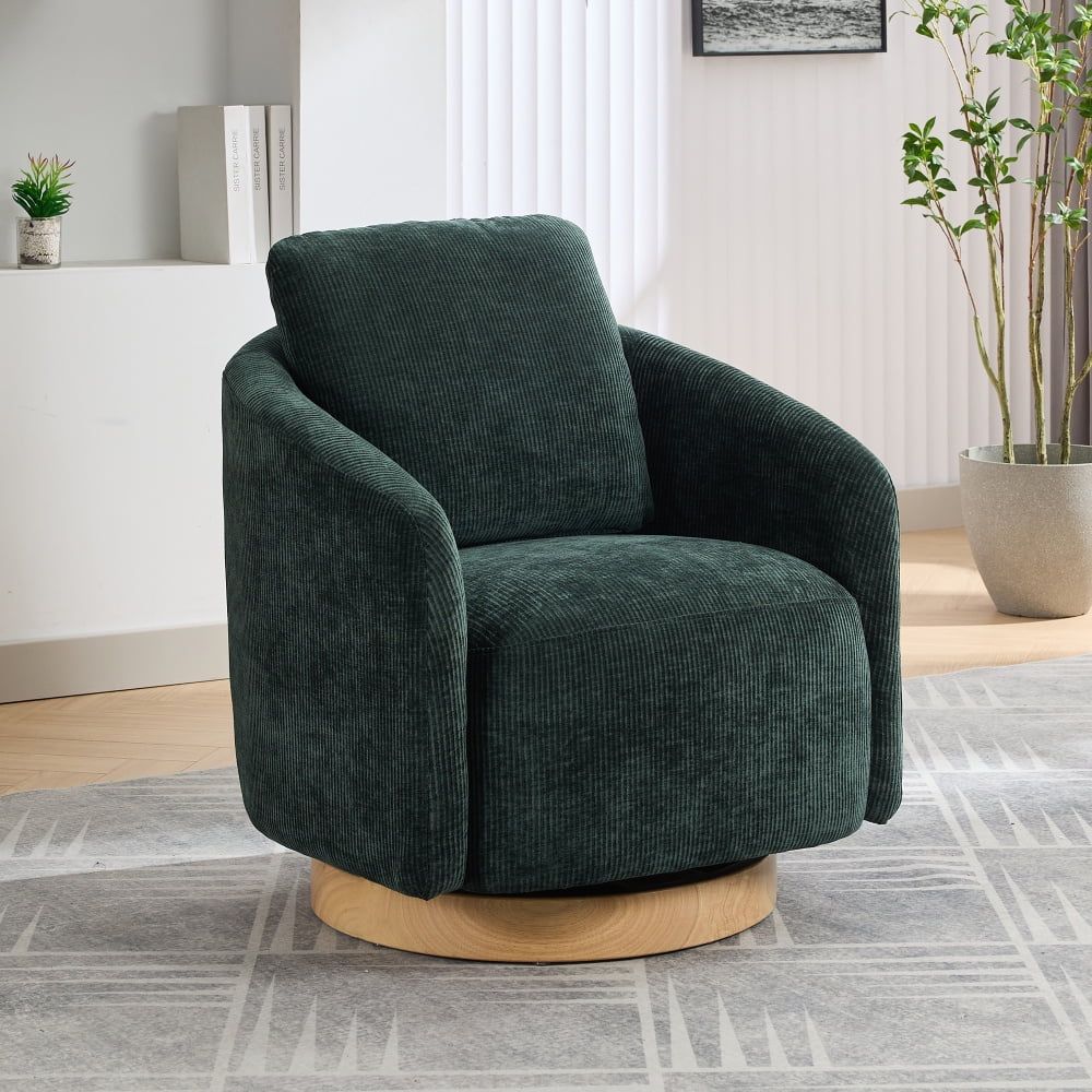 Green Chenille Swivel Barrel Accent Chair with Wood Base