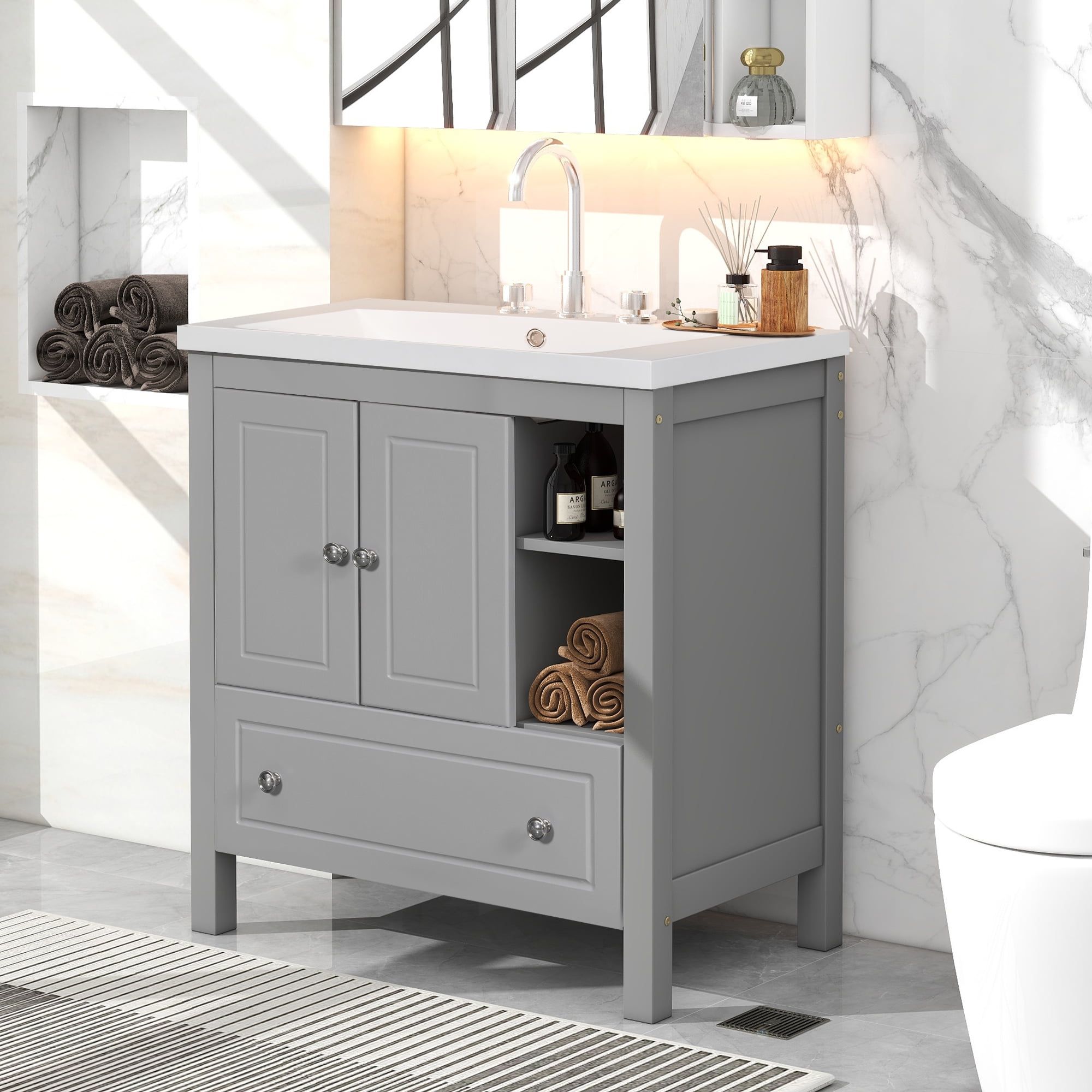 Grey 30" Solid Wood Bathroom Vanity with Ceramic Sink