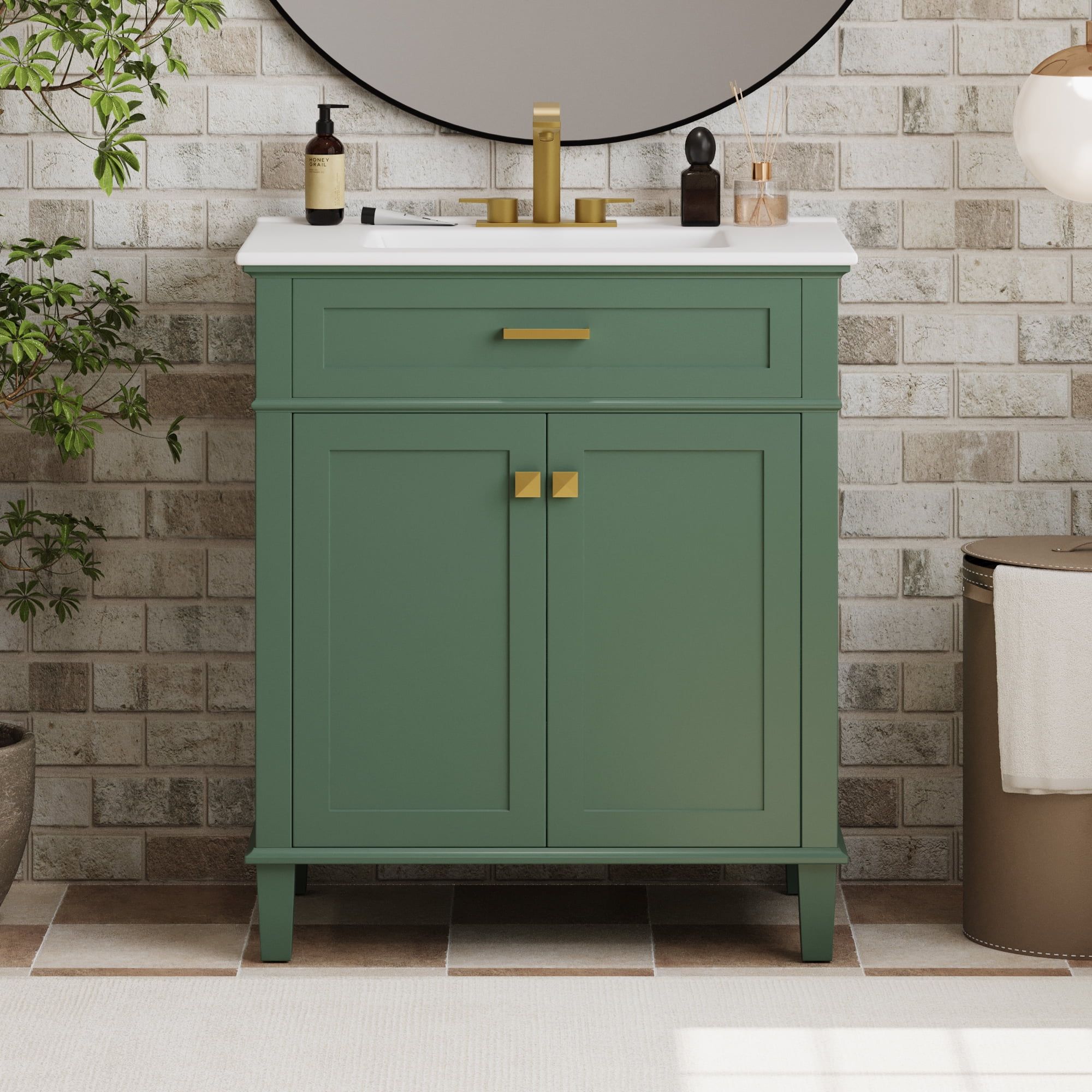 30-Inch Green Bathroom Vanity with Ceramic Basin and Golden Handles