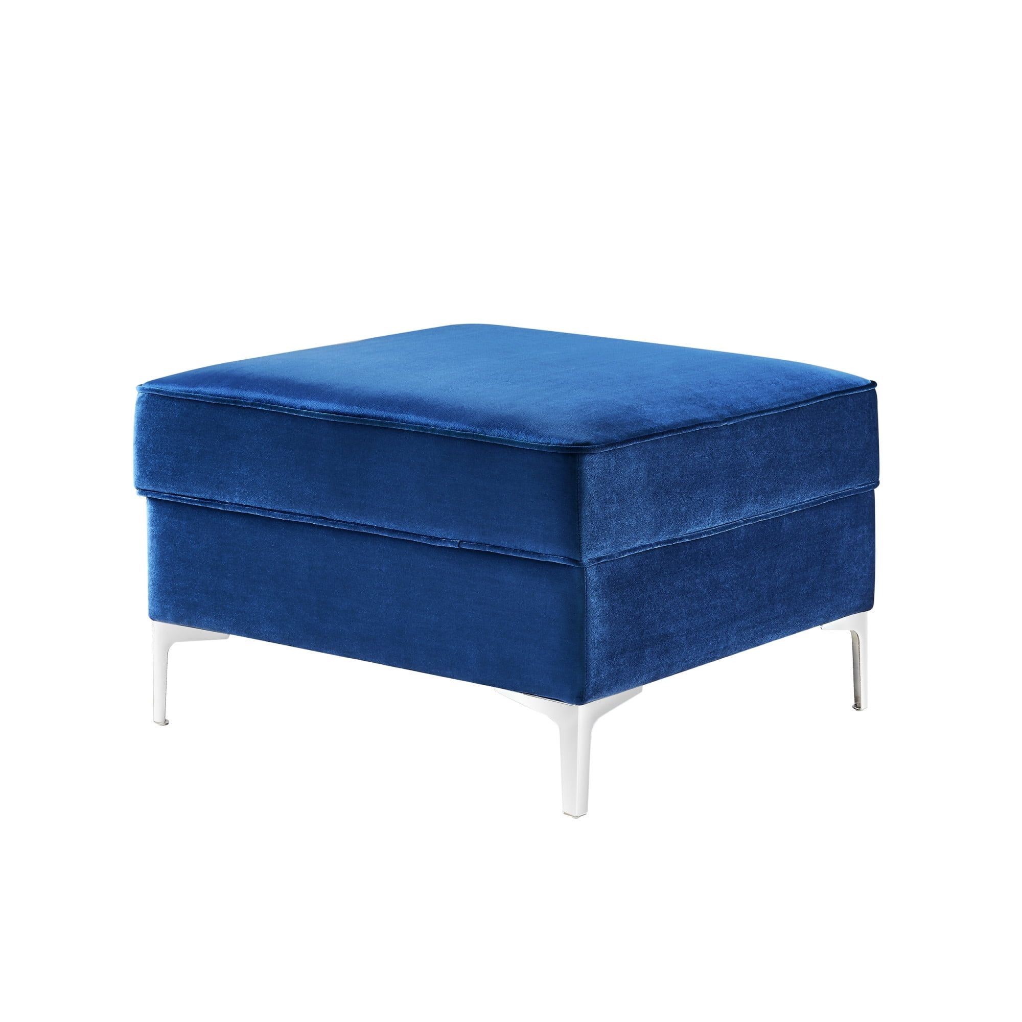 Navy Velvet Square Storage Ottoman with Chrome Accents