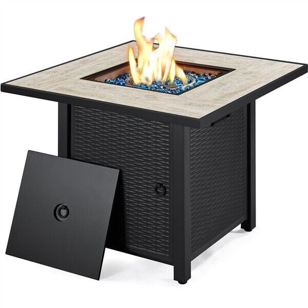 30-Inch Black Gas Fire Pit Table with Slate Mantel