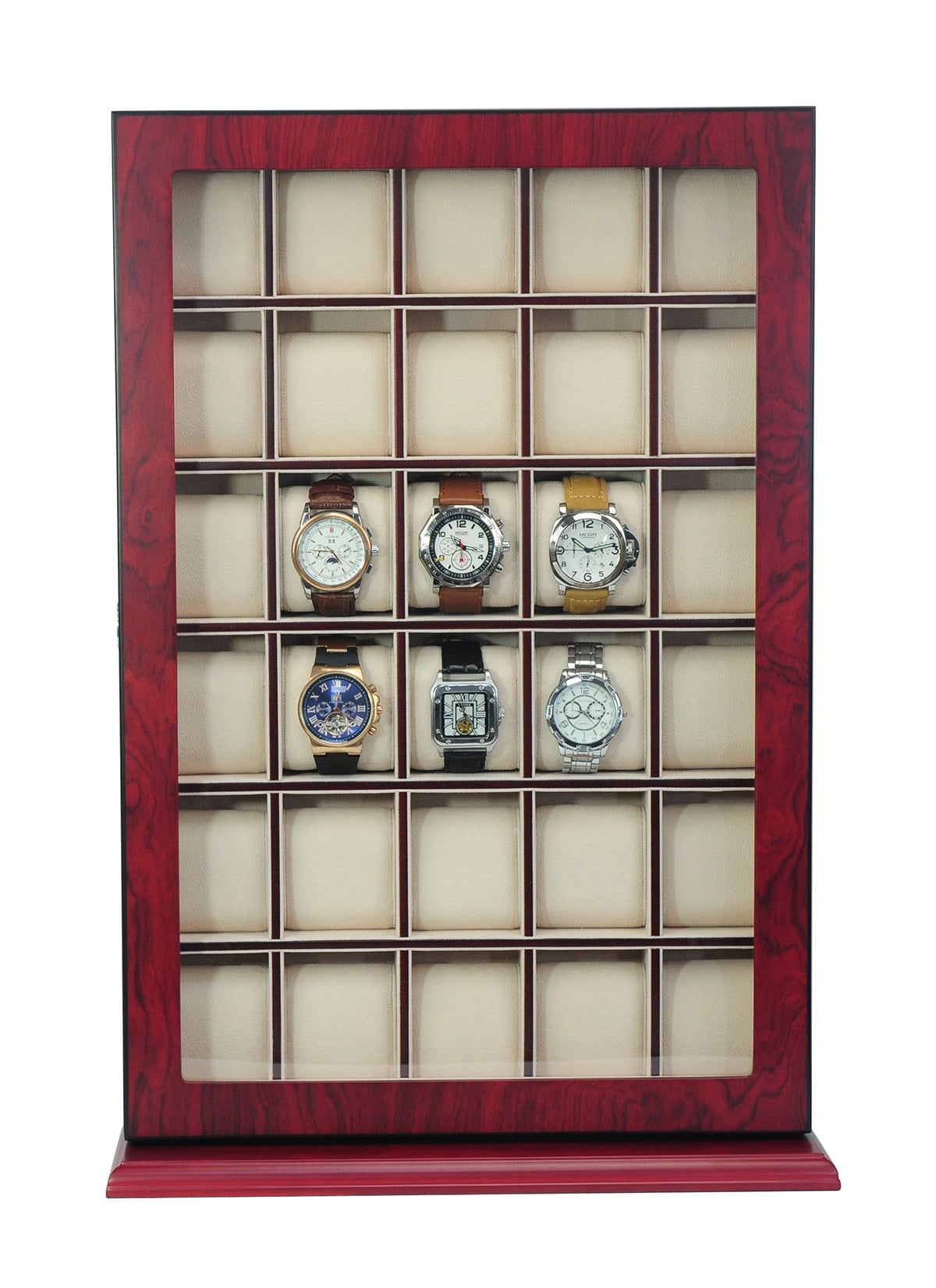 Cherry Wood 30-Slot Wall Mounted Watch Display Case