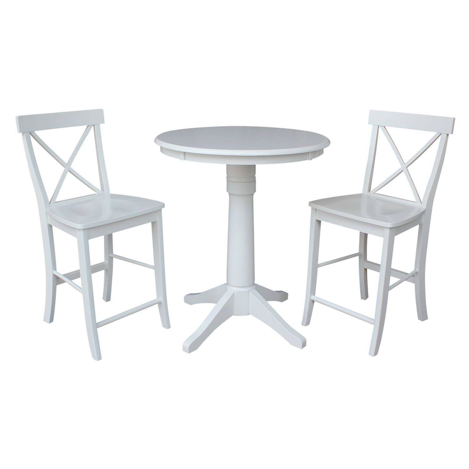 White Solid Wood Round Counter Height Table with 2 X-Back Stools