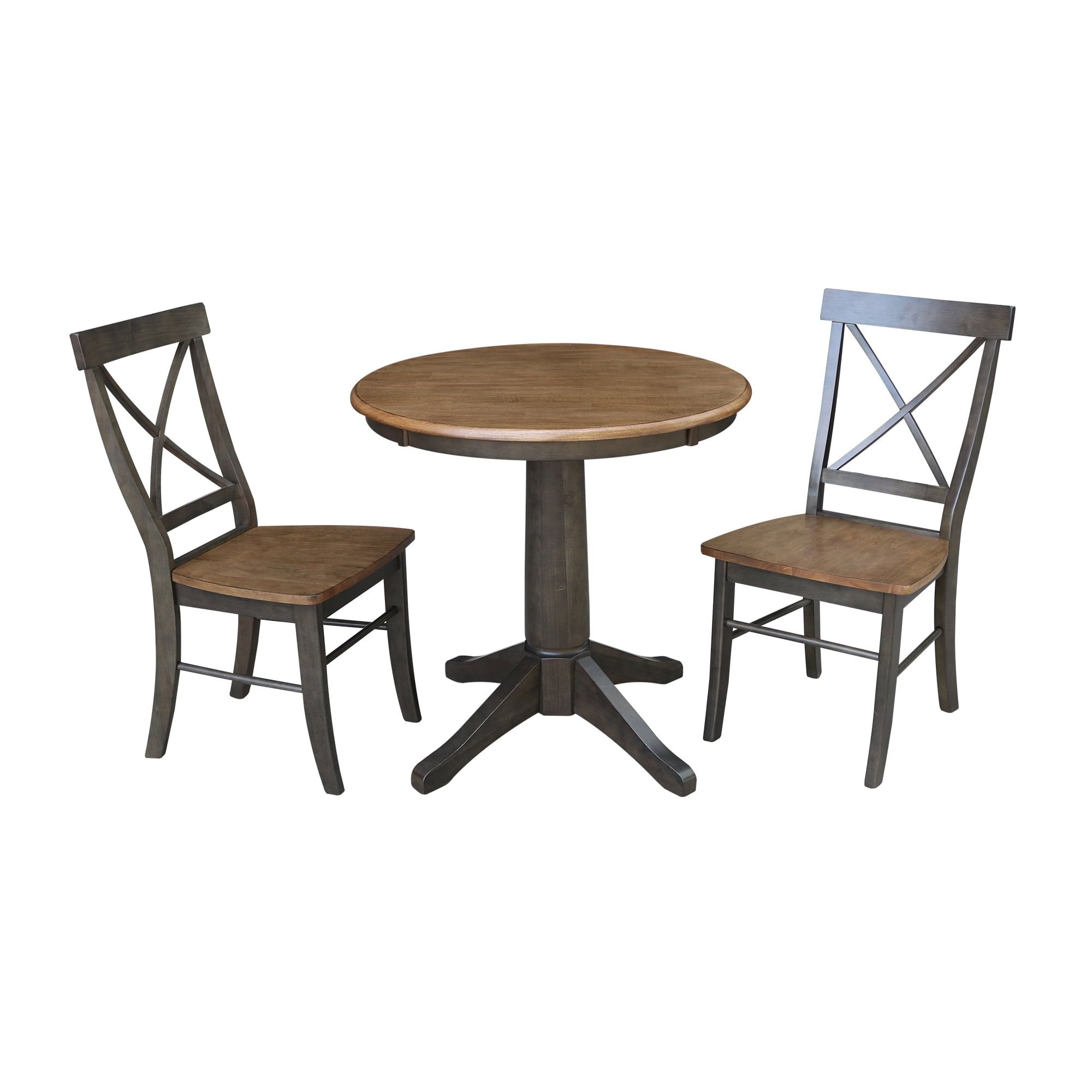 Hickory and Washed Coal 30" Round Pedestal Table with 2 X-Back Chairs