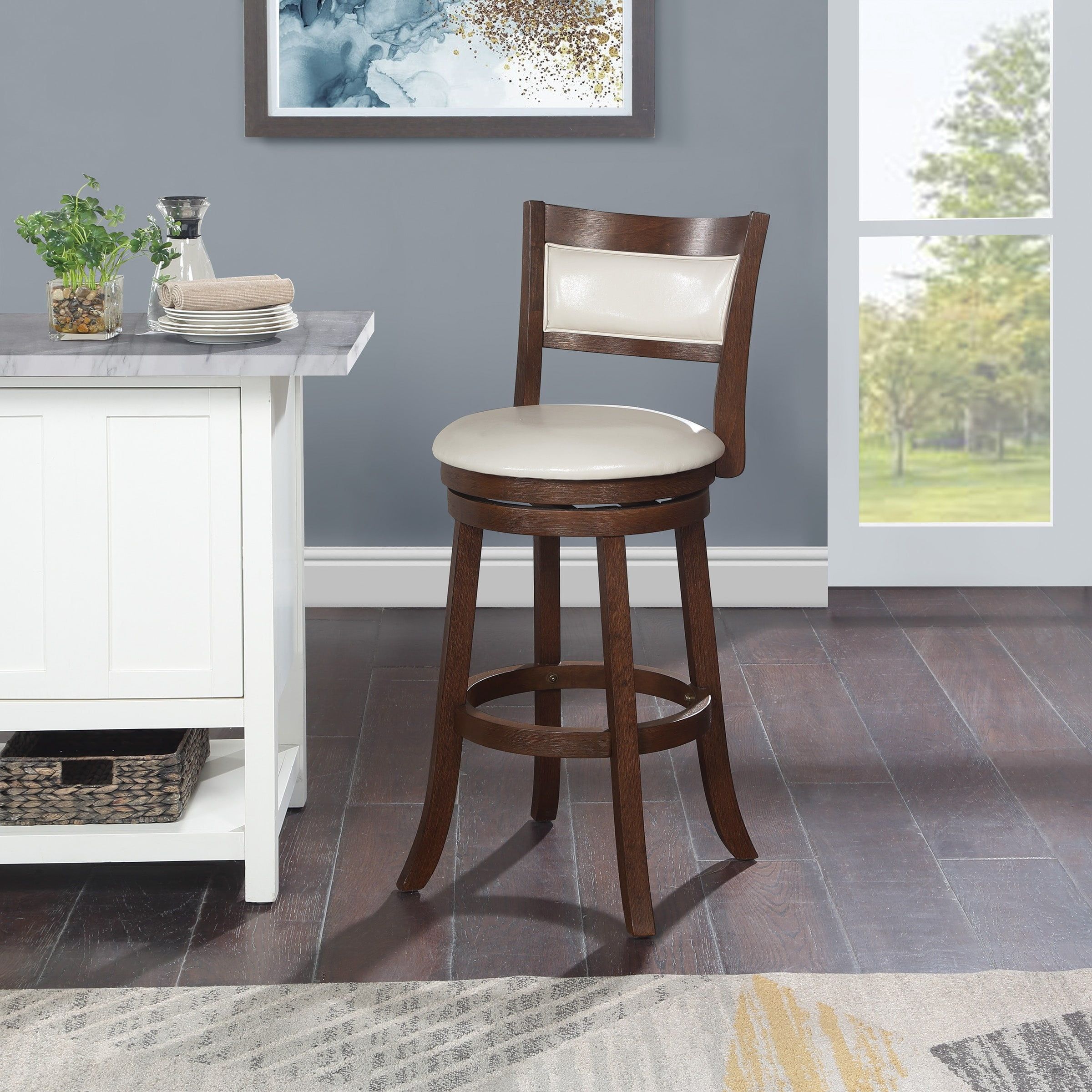 30" Swivel Stool in Cream Faux Leather with Dark Walnut Finish