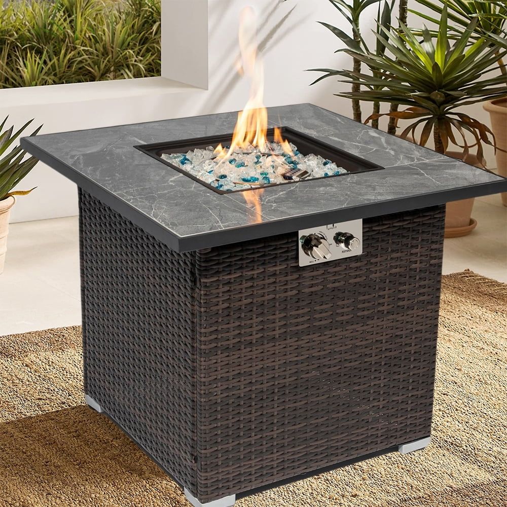 30" Square Brown Wicker Gas Fire Pit Table with Ceramic Top