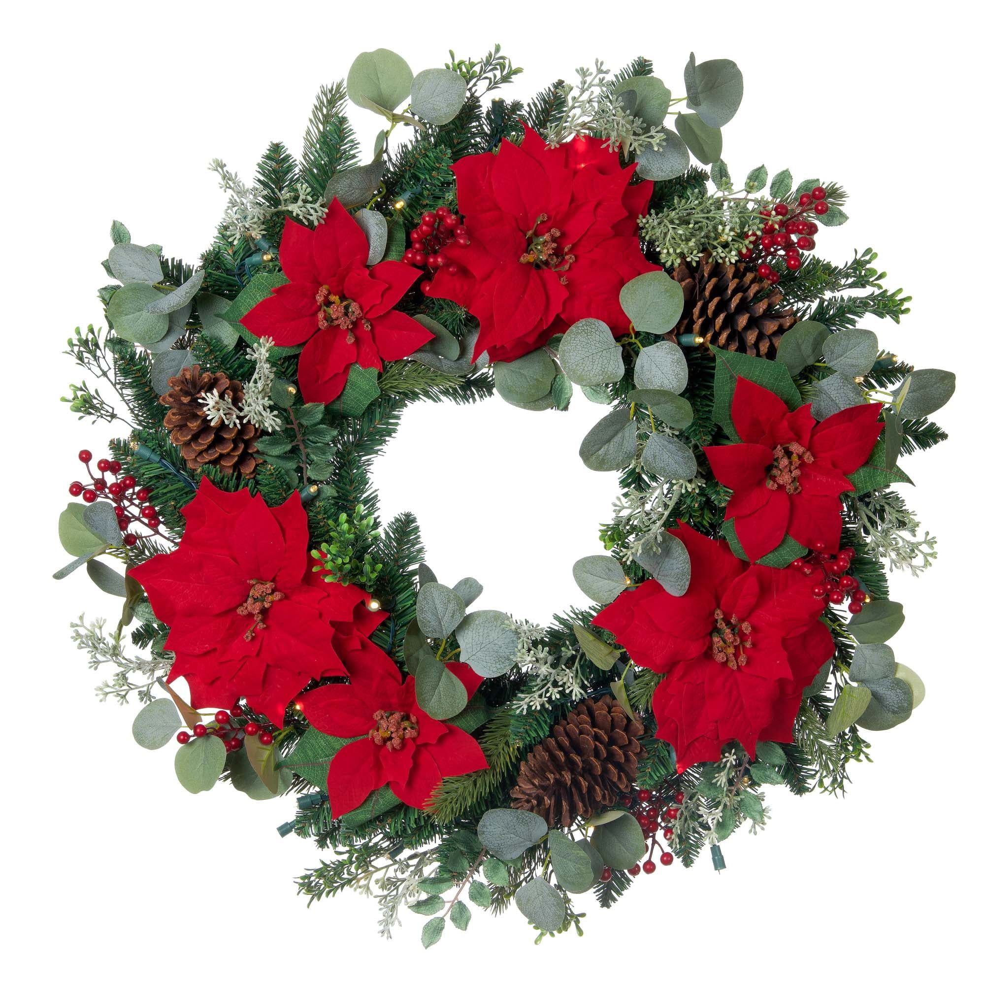 30 in. Red Poinsettia Lighted Christmas Wreath with Pinecones