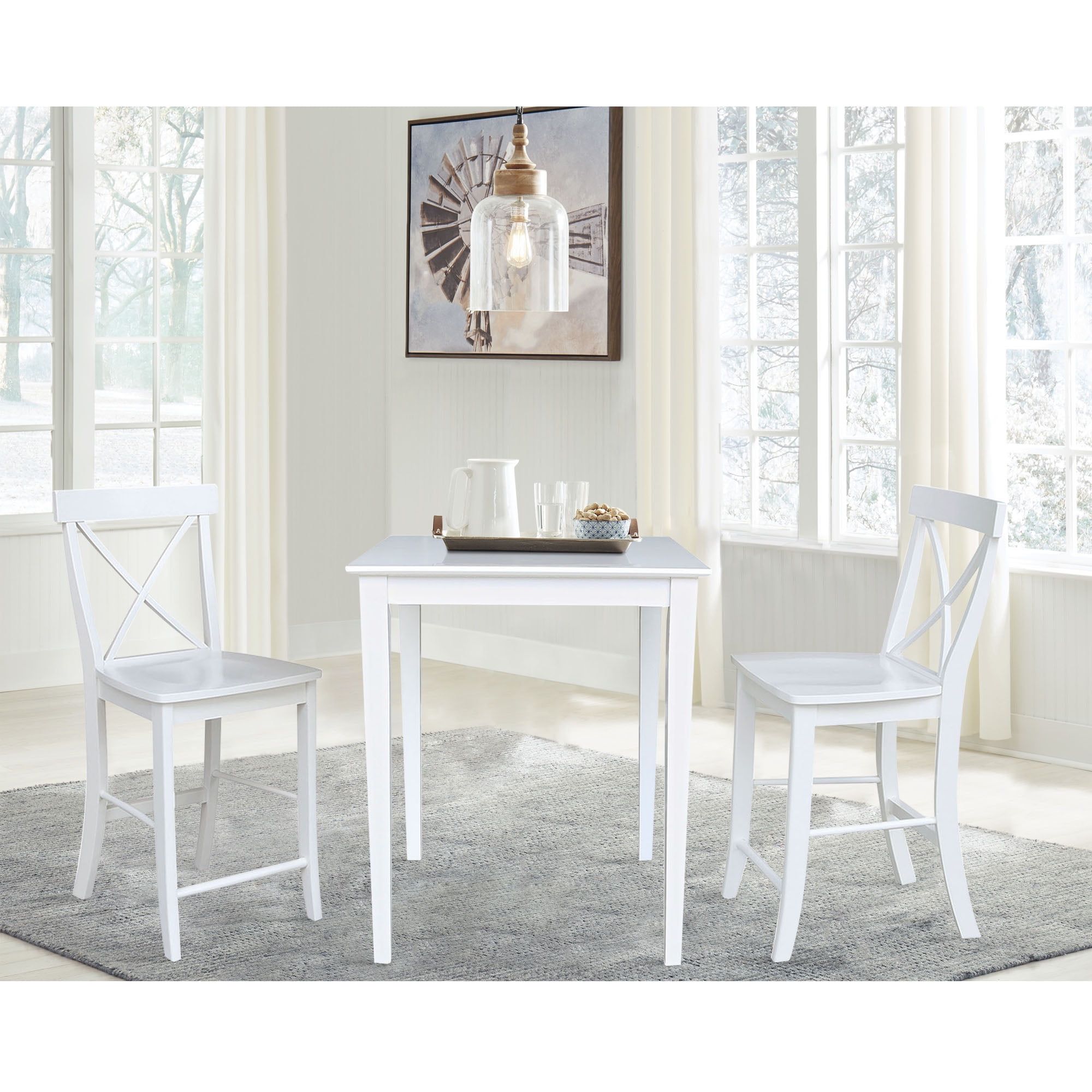 White Solid Wood Counterheight Table with 2 X-Back Stools