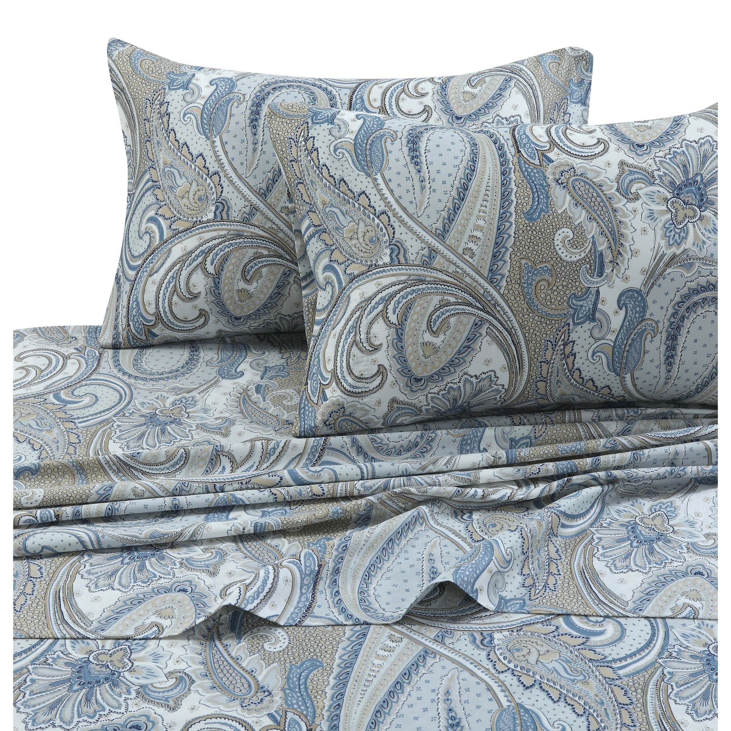 Queen Blue Paisley Cotton Sateen Deep Pocket Sheet Set