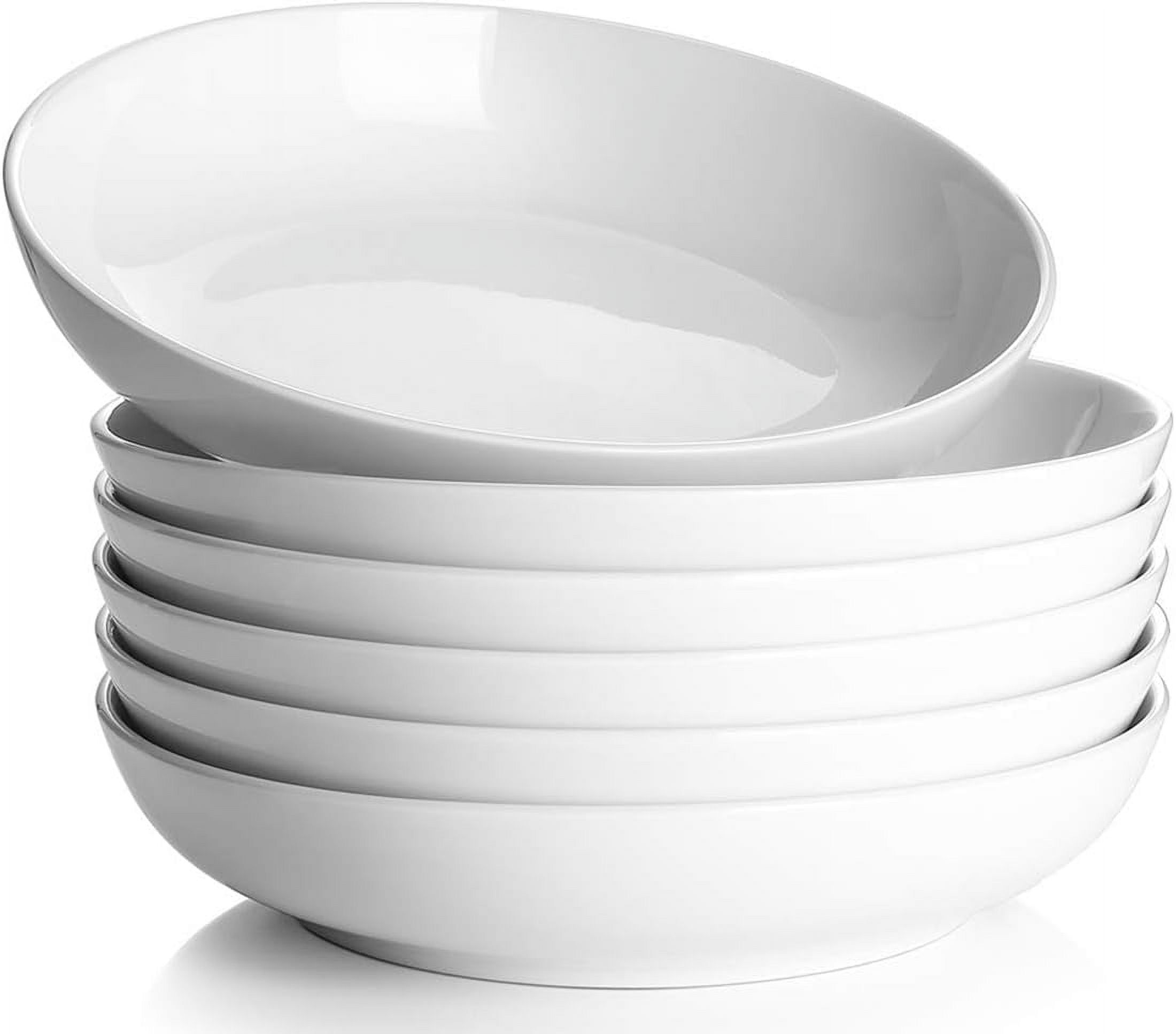 White Ceramic 30oz Wide Shallow Pasta and Salad Bowls Set of 6