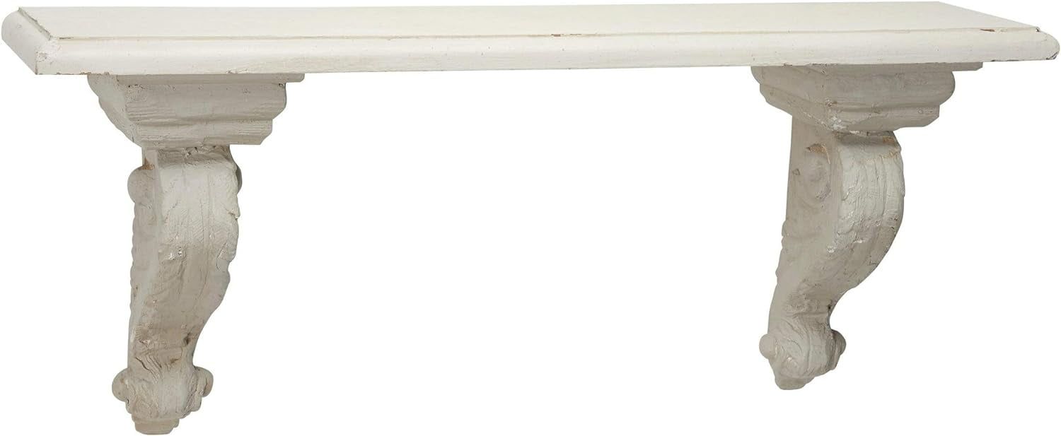 31.5" White and Beige Wood Floating Wall Shelf with Scrollwork