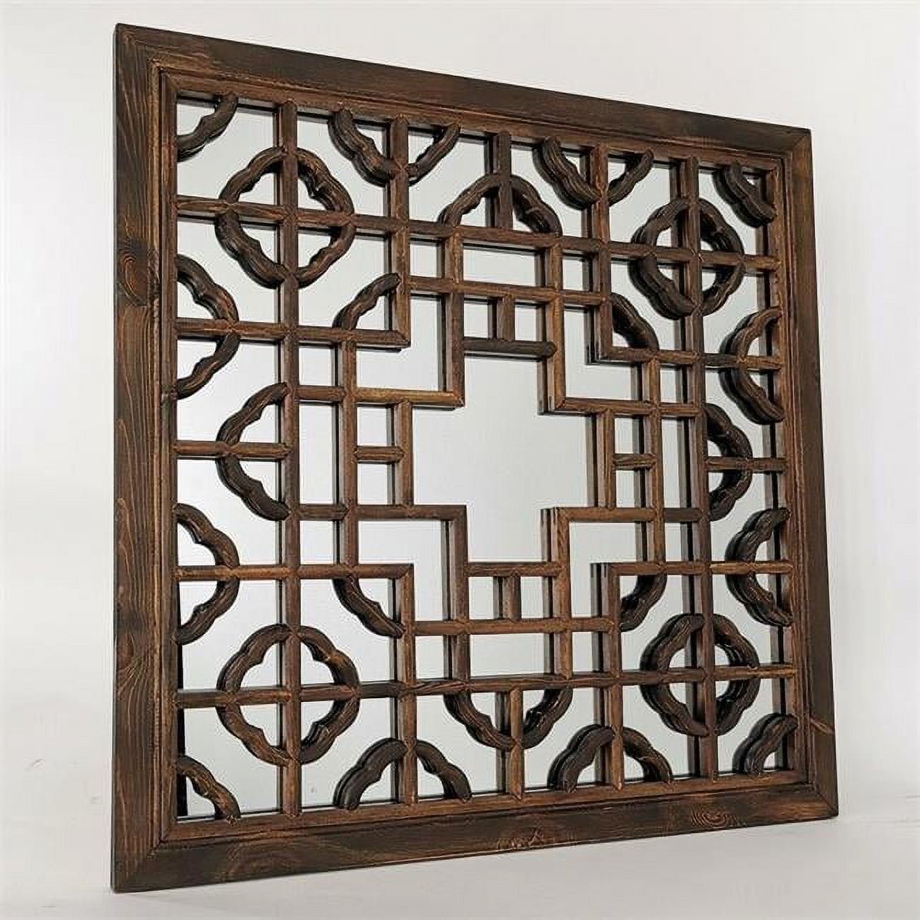 Brown Square Wooden Mirror with Quatrefoil Motif