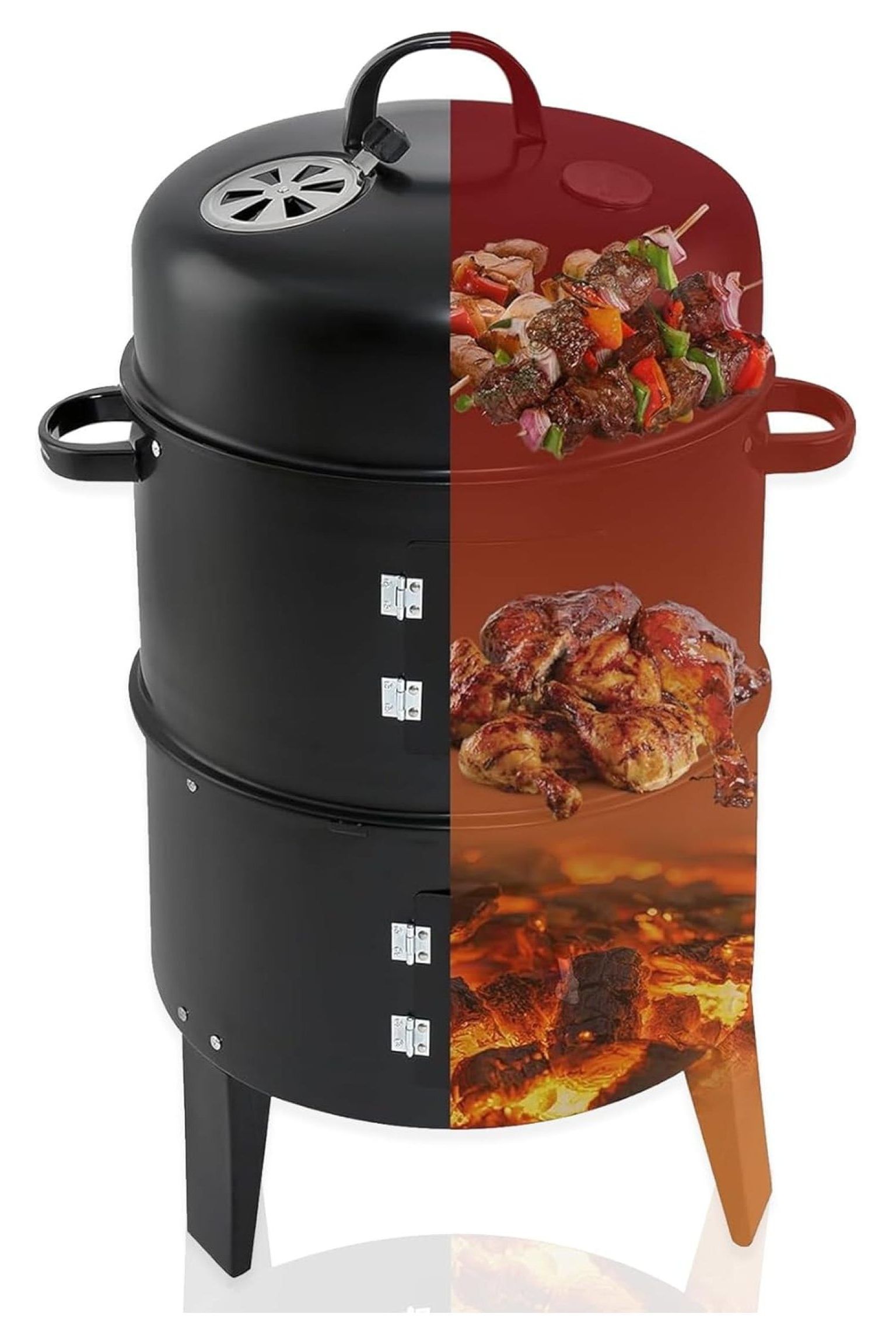 32" Black Stainless Steel 3-in-1 Charcoal Smoker BBQ Grill