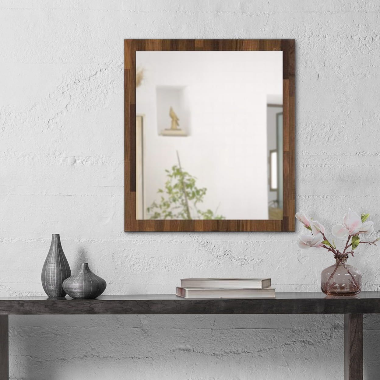 32-Inch Walnut Brown Rectangular Wood Wall Mirror