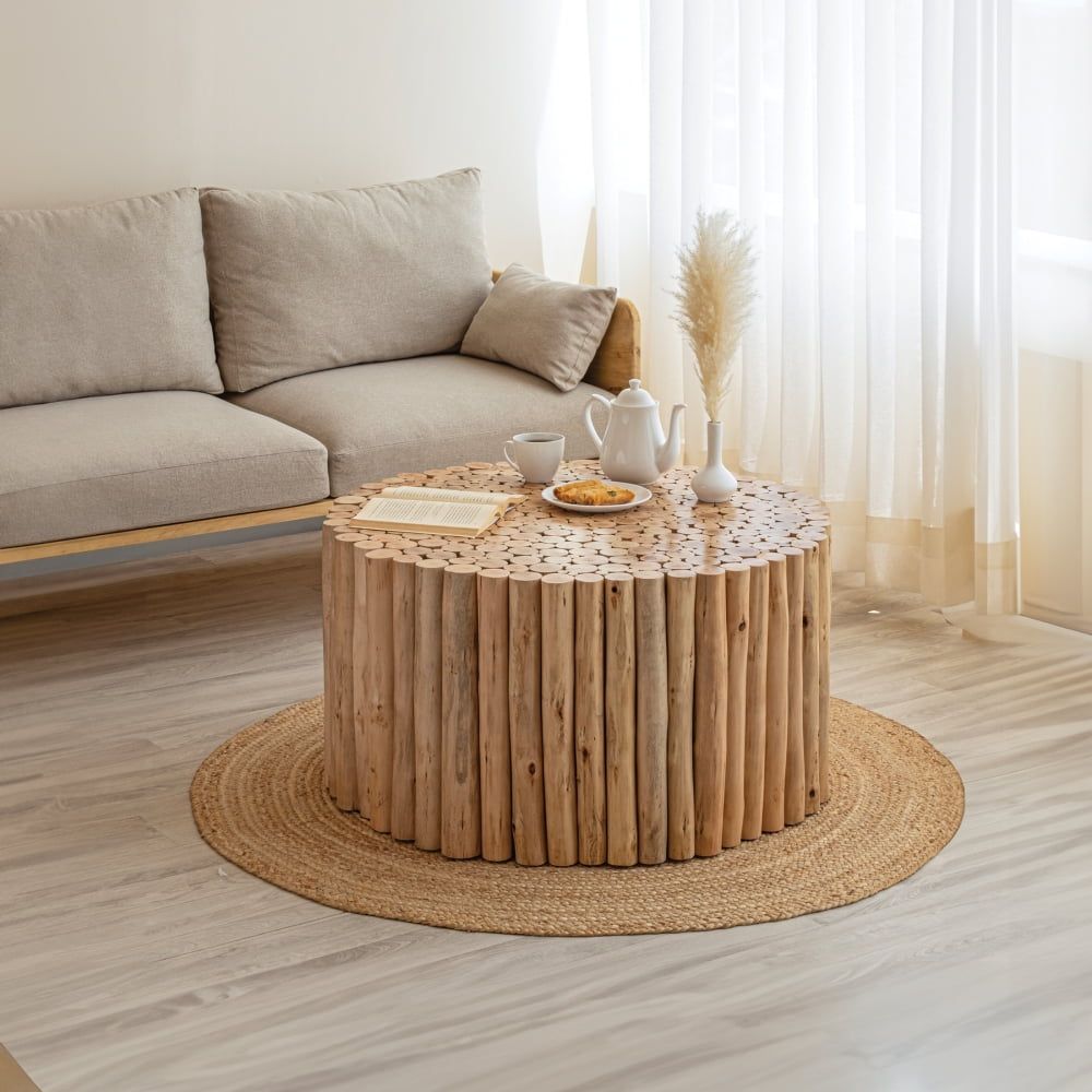 Natural Wood Round Drum Coffee Table with Handcrafted Relief