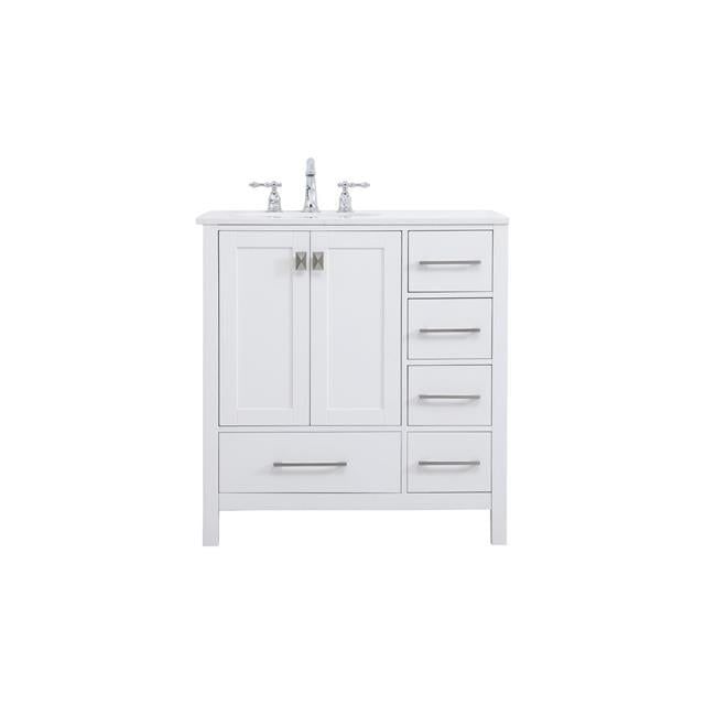 White Solid Wood and Stone Single Bathroom Vanity with 5 Drawers