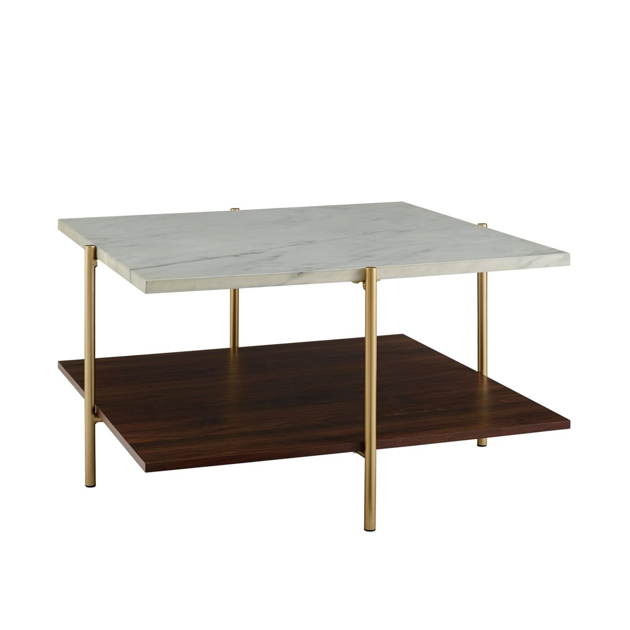 Mid-Century Glossy Faux Marble 32" Square Coffee Table with Gold Legs