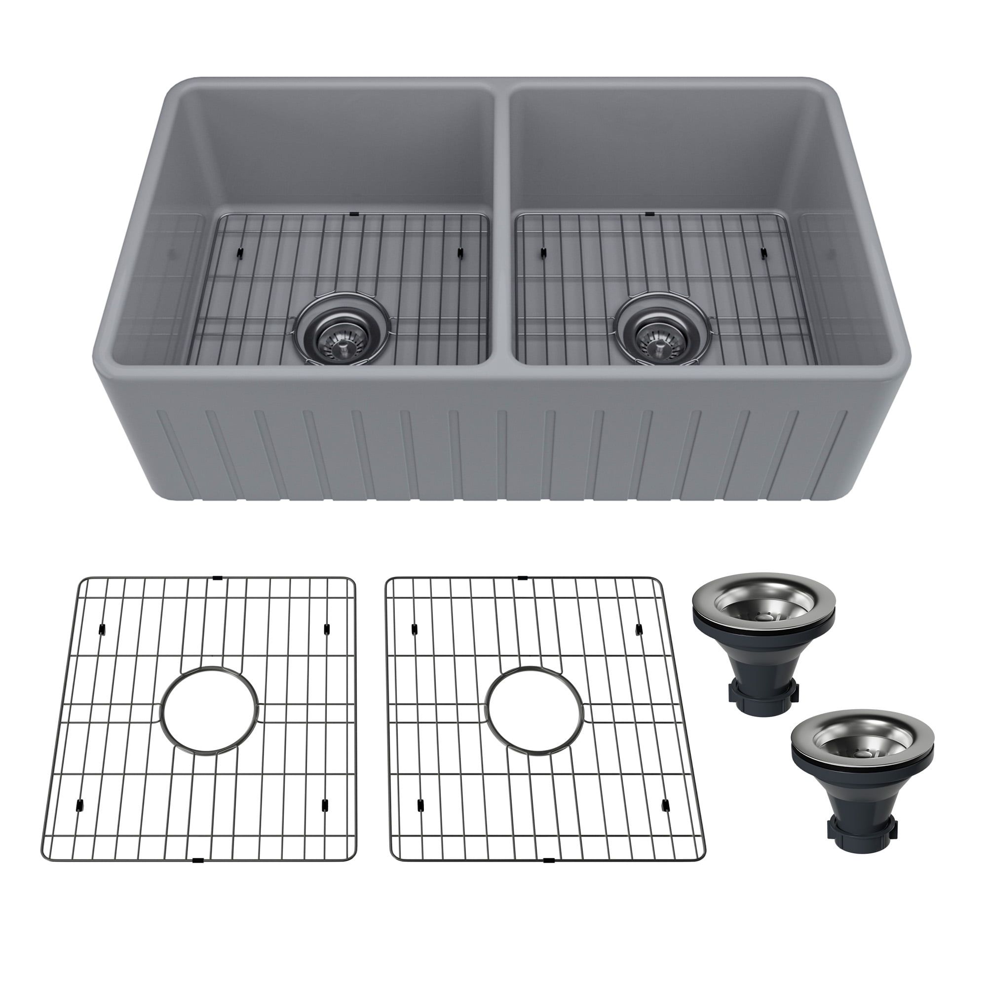 33-Inch Matte Gray Fireclay Double Bowl Farmhouse Sink with Accessories