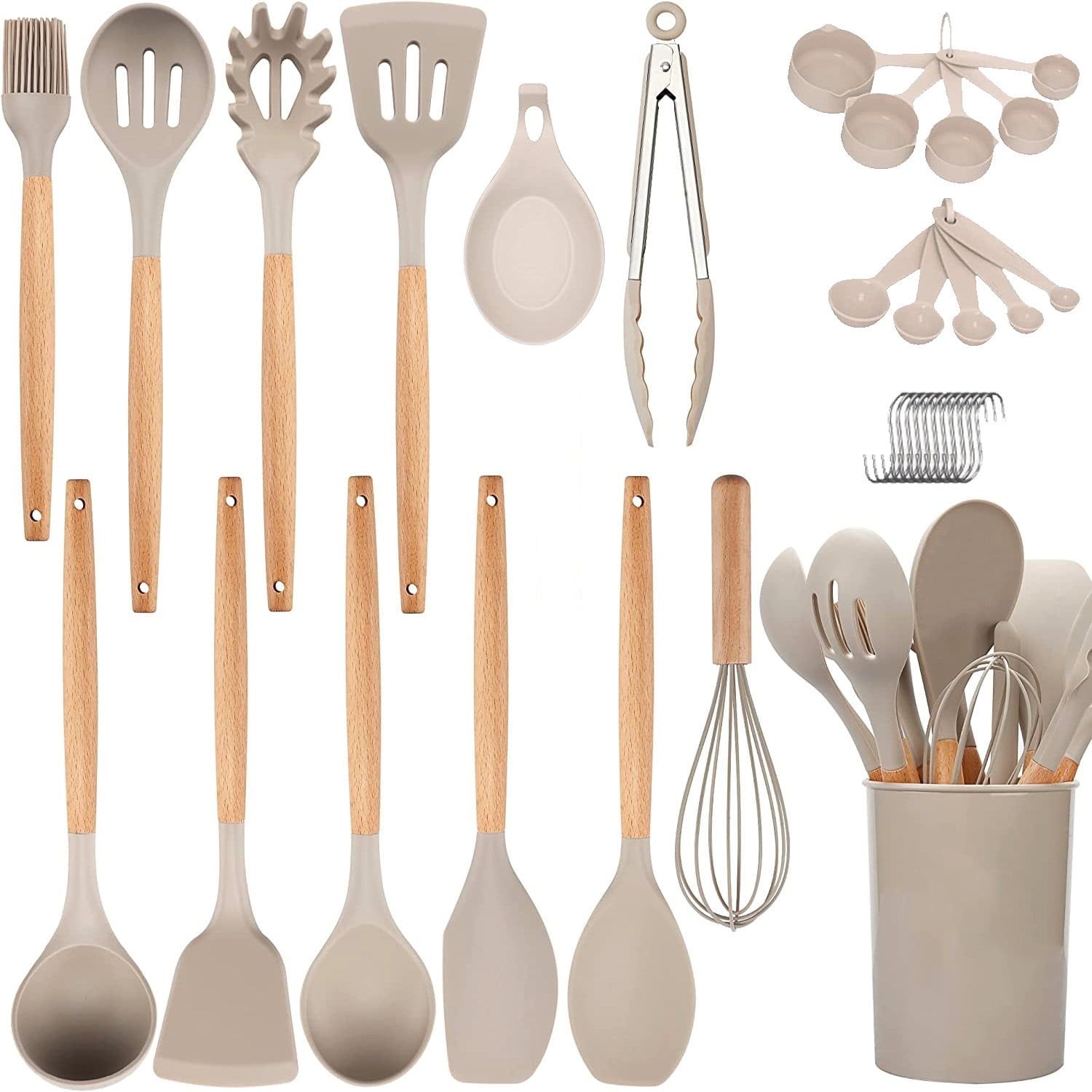 33-Piece Khaki Silicone and Wood Cooking Utensil Set